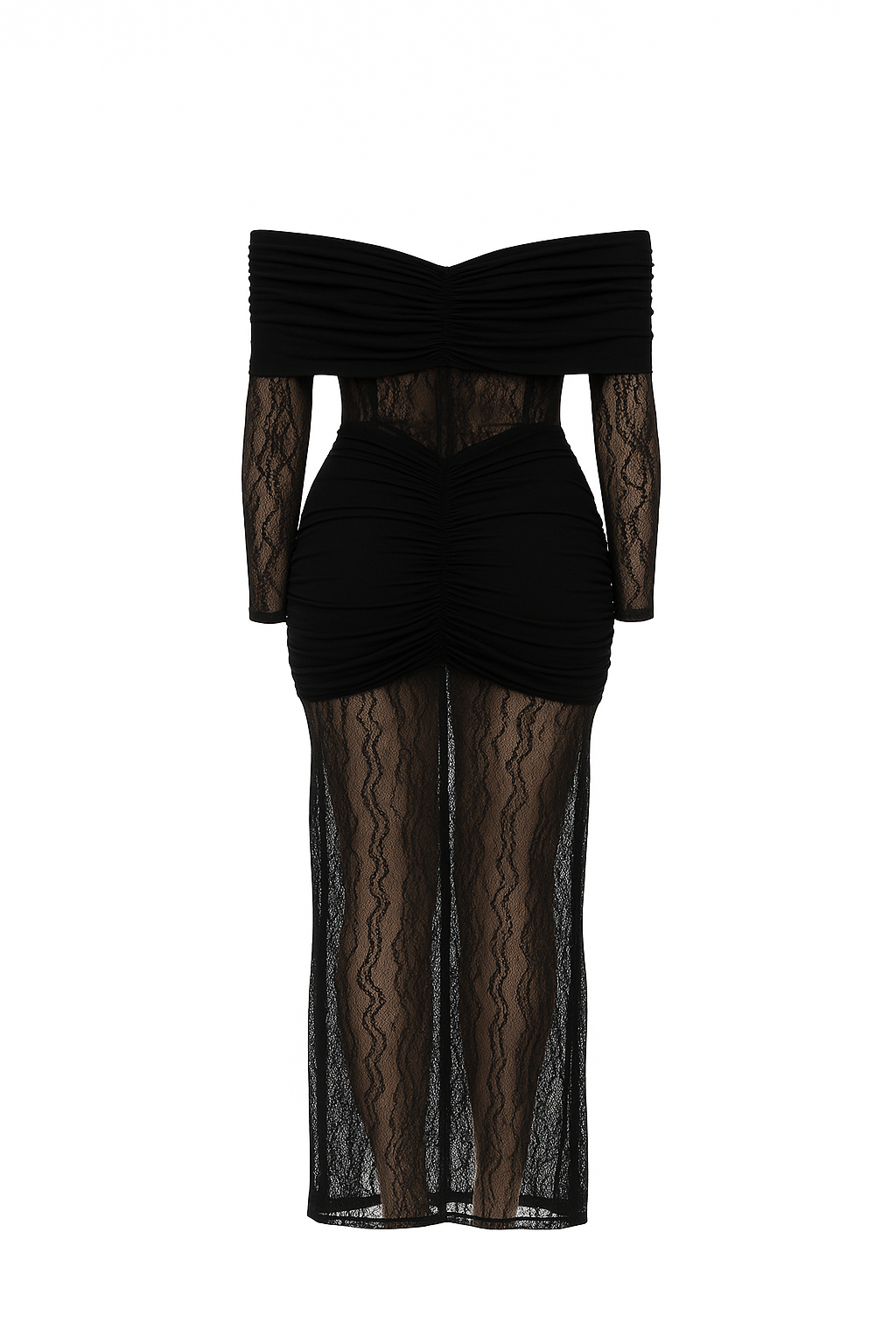 Black Sheer Lace Off-Shoulder Ruched Bodycon Dress