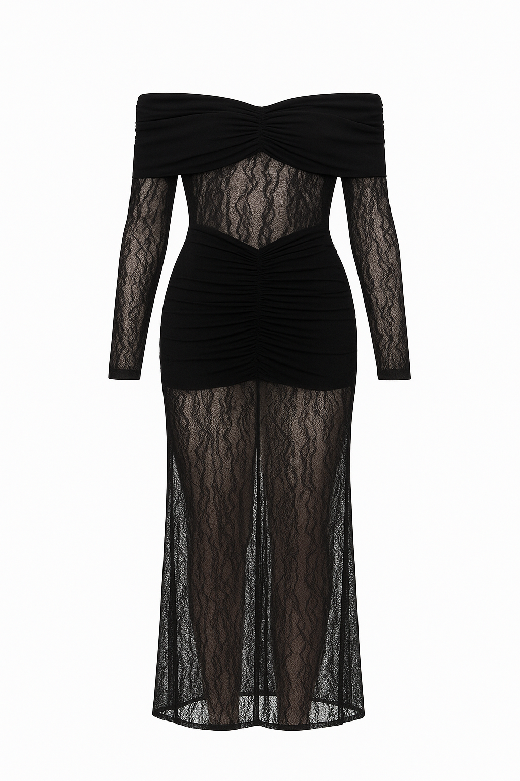 Black Sheer Lace Off-Shoulder Ruched Bodycon Dress