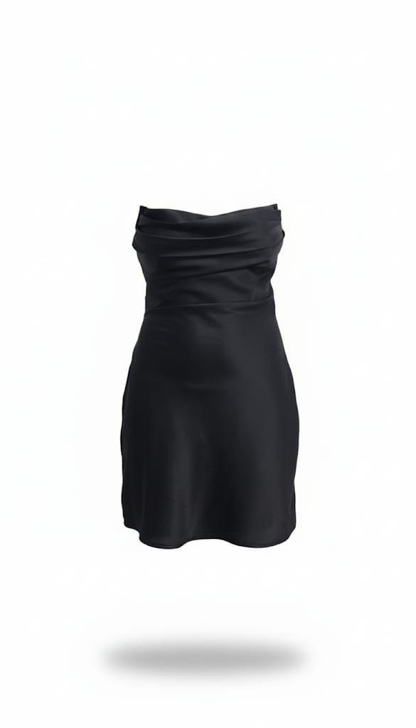 Black Satin Strapless Cowl Neck Mini Dress With Scarf Black Satin Strapless Cowl Neck Mini Dress With Scarf