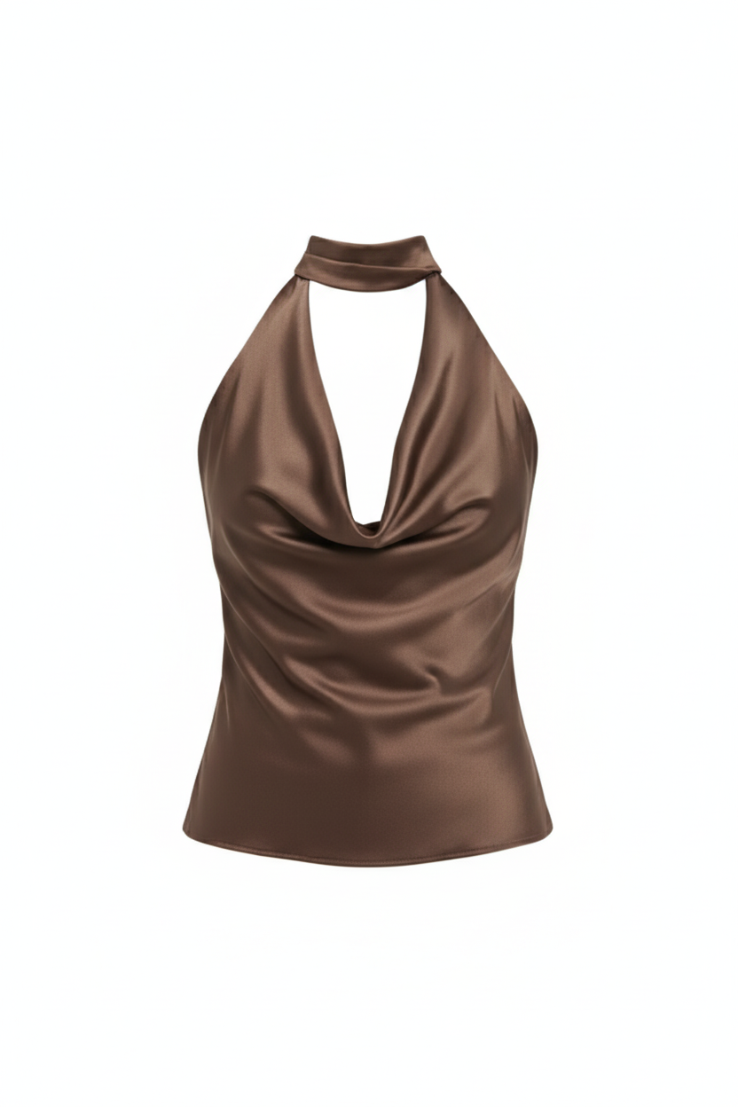 Brown Satin Cowl Neck Backless Top with Scarf