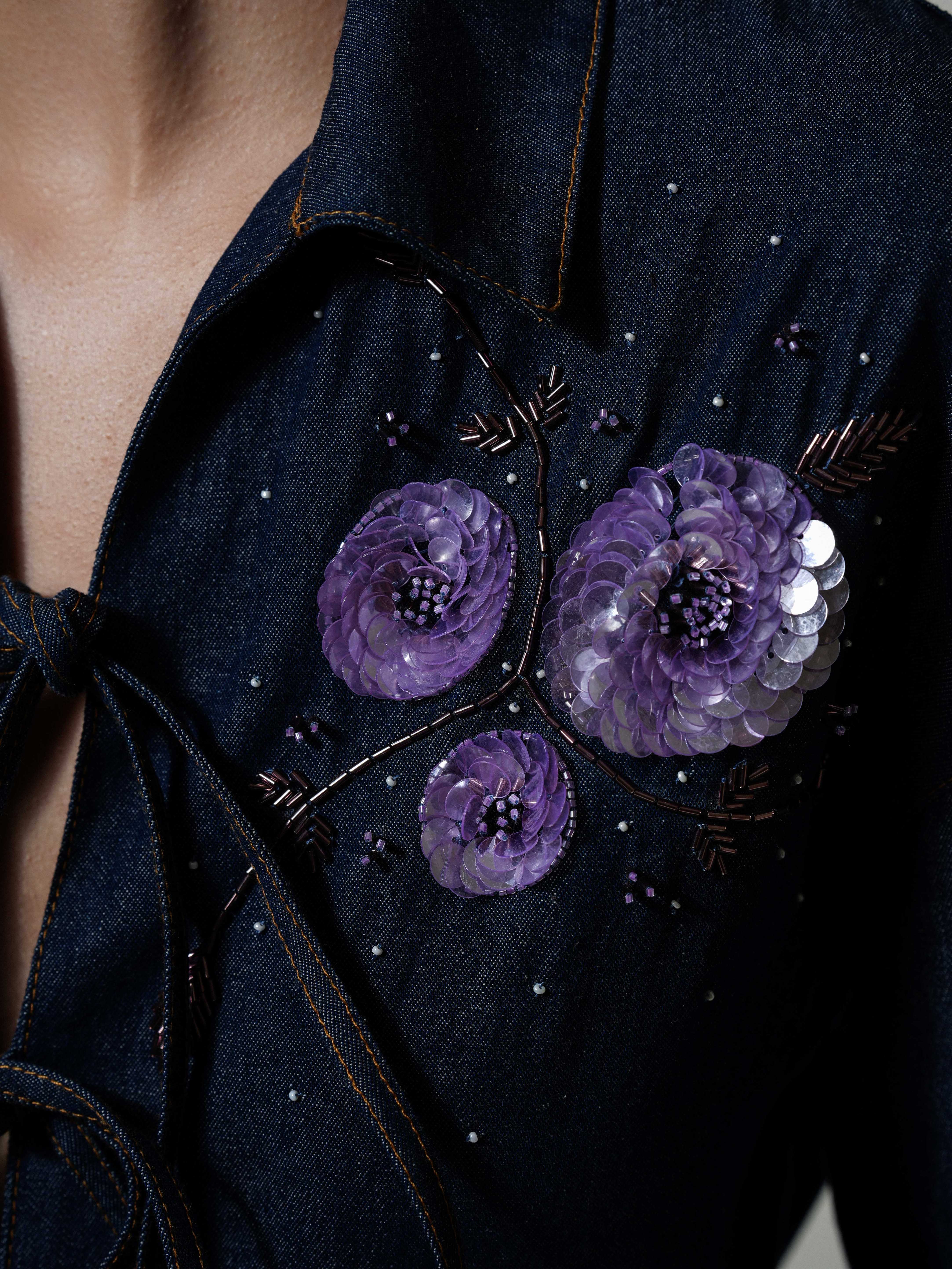 Cord-Laced Floral Beaded Denim Shirt