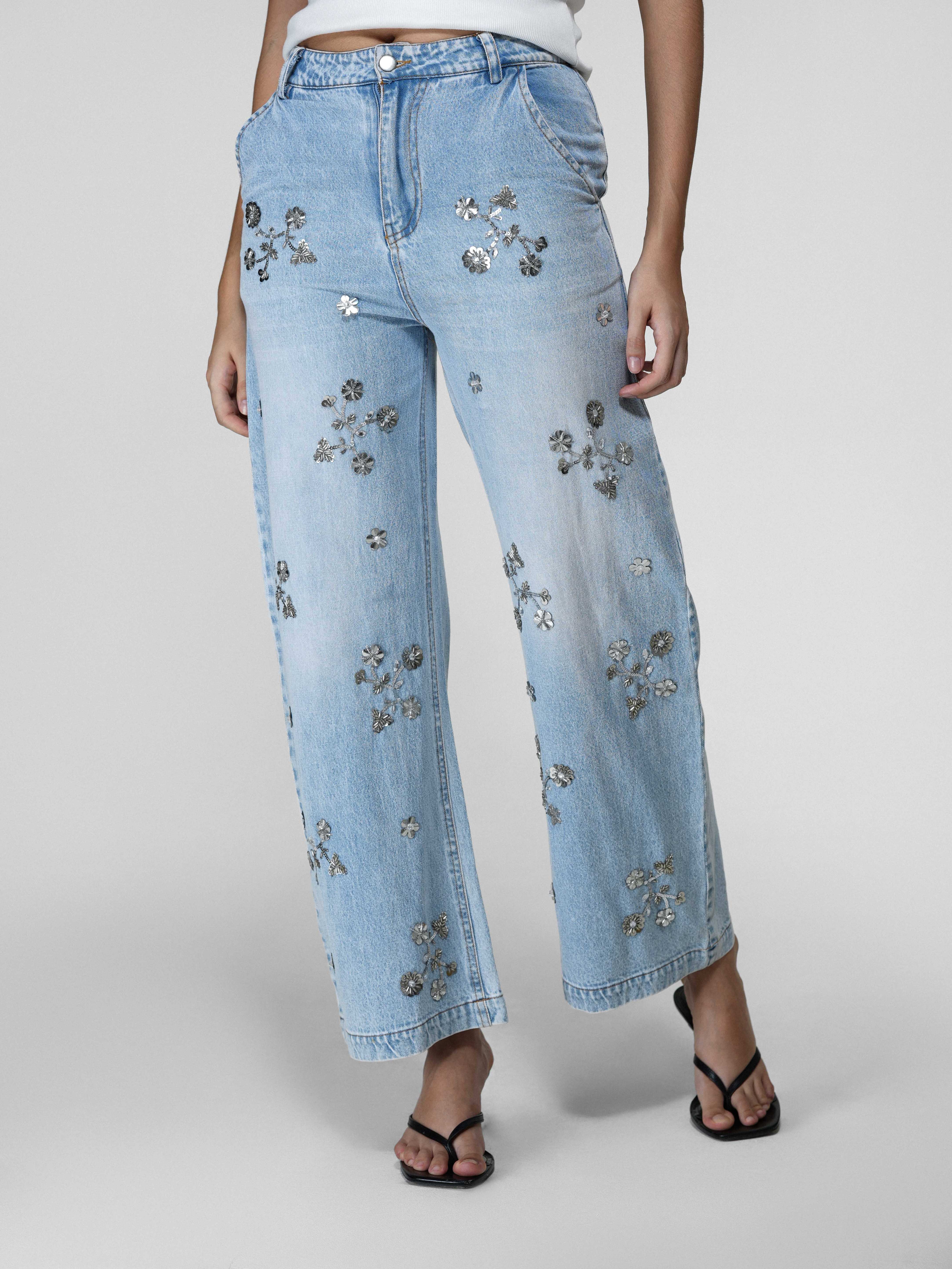 Floral Embellished Wide-Leg Jeans
