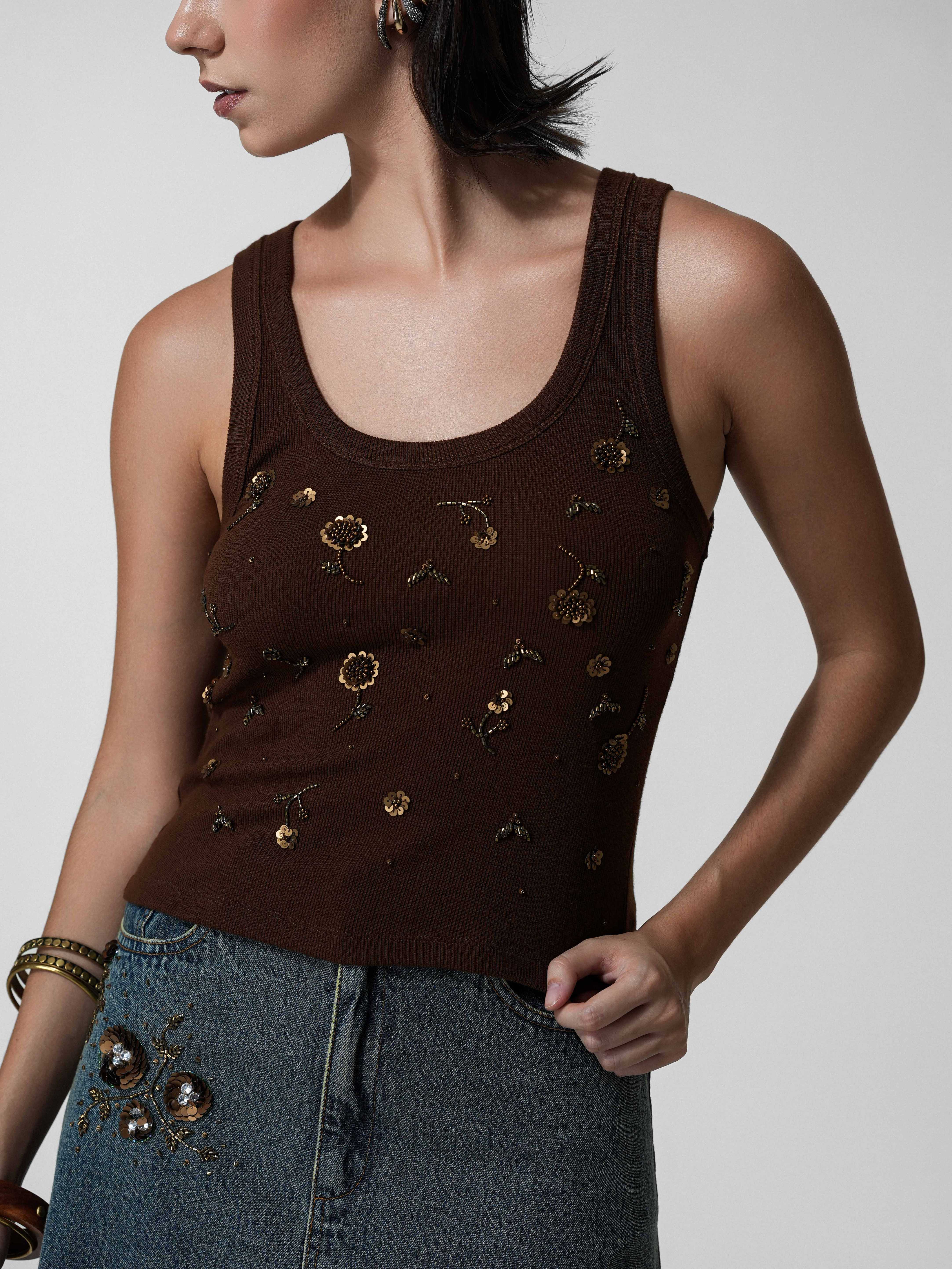 Brown Beaded Floral Tank Top