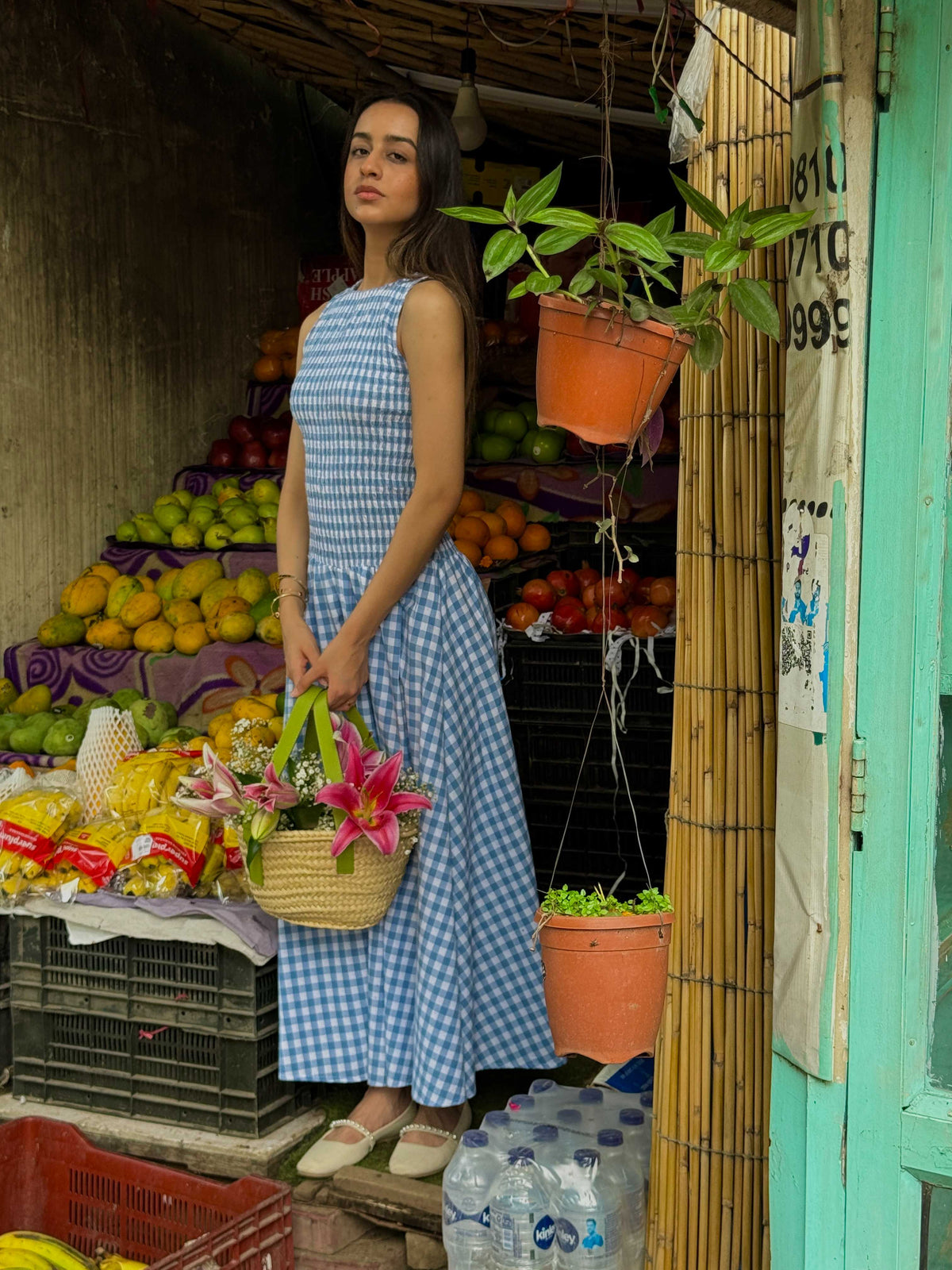 Blue Gingham Smocked Bodice Dress
