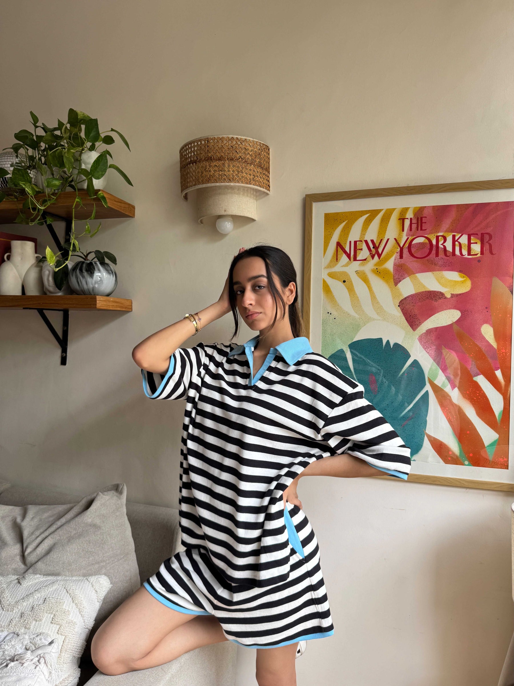 Black and White striped lounge Polo T-shirt