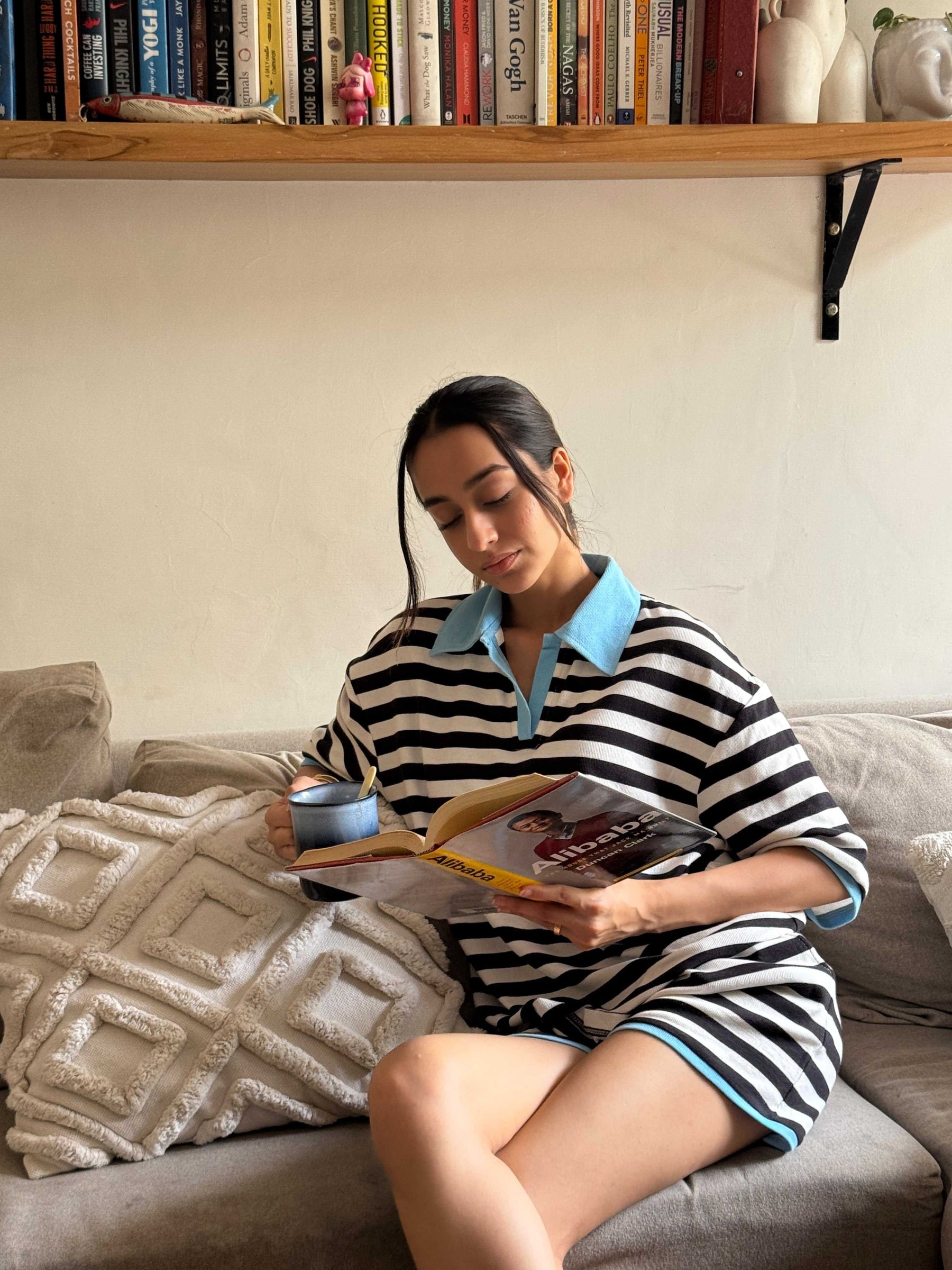 Black and White striped lounge Polo T-shirt