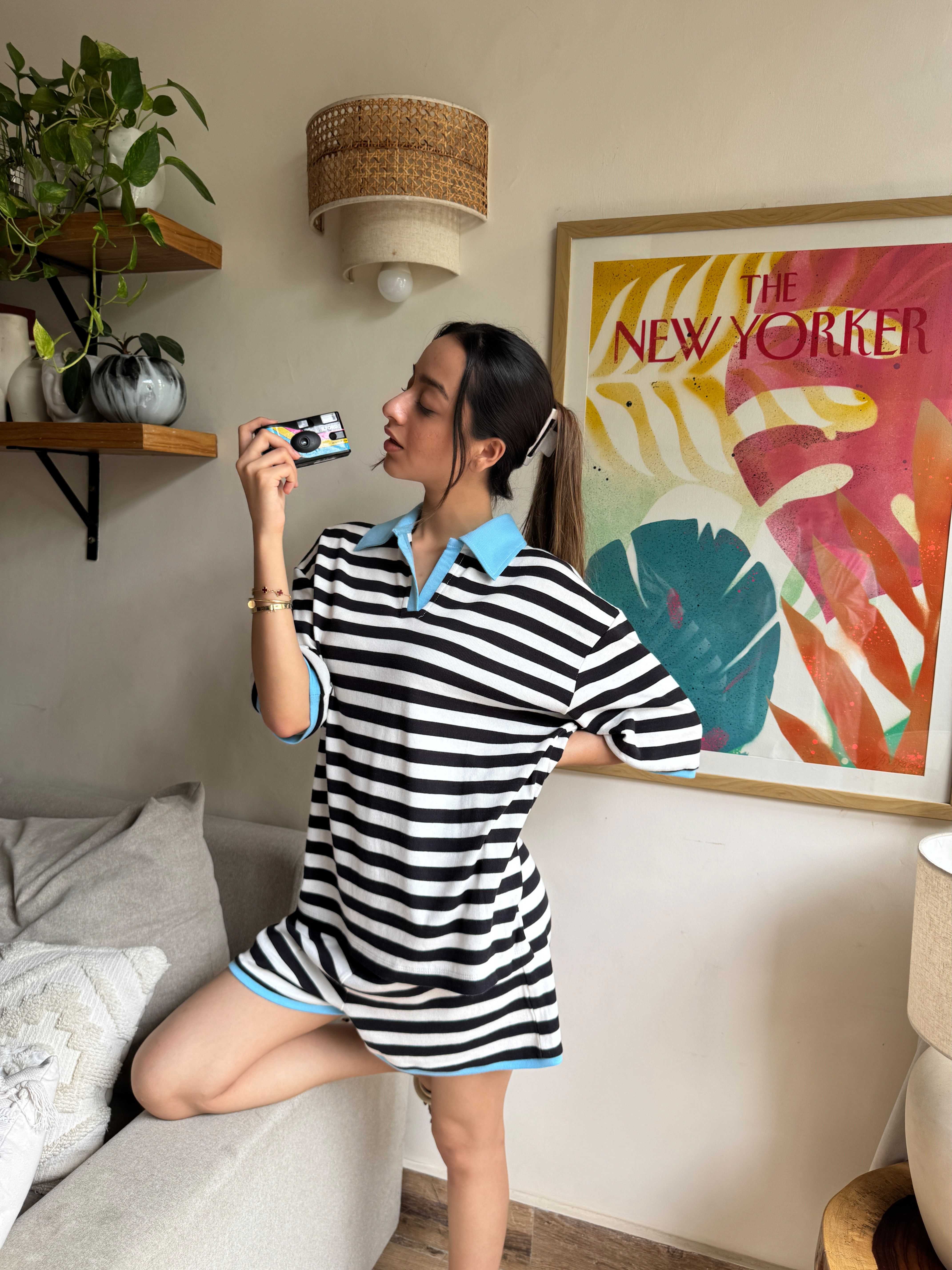 Black and White striped lounge Polo T-shirt