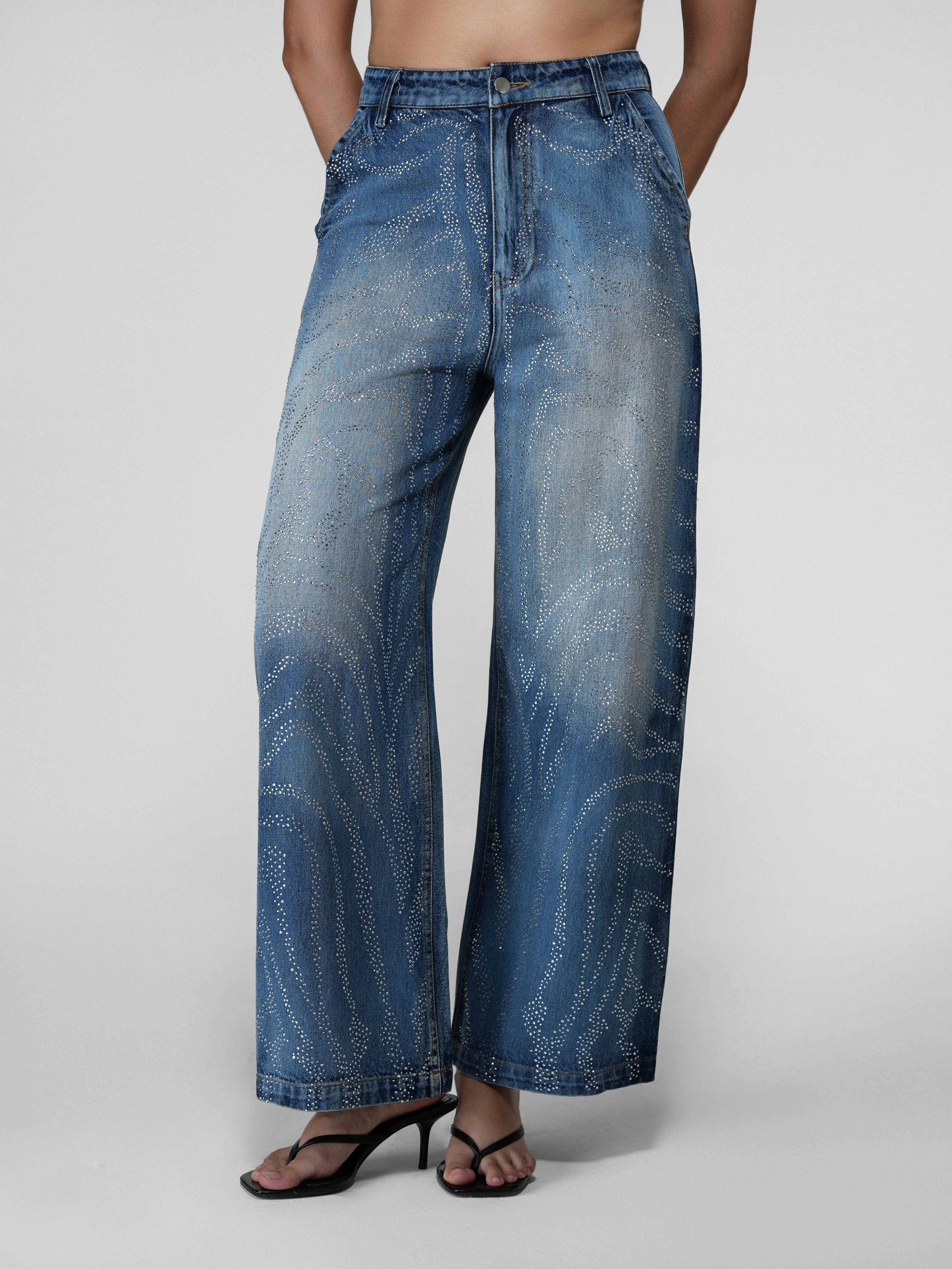 Zebra Rhinestone Wide-Leg Jeans