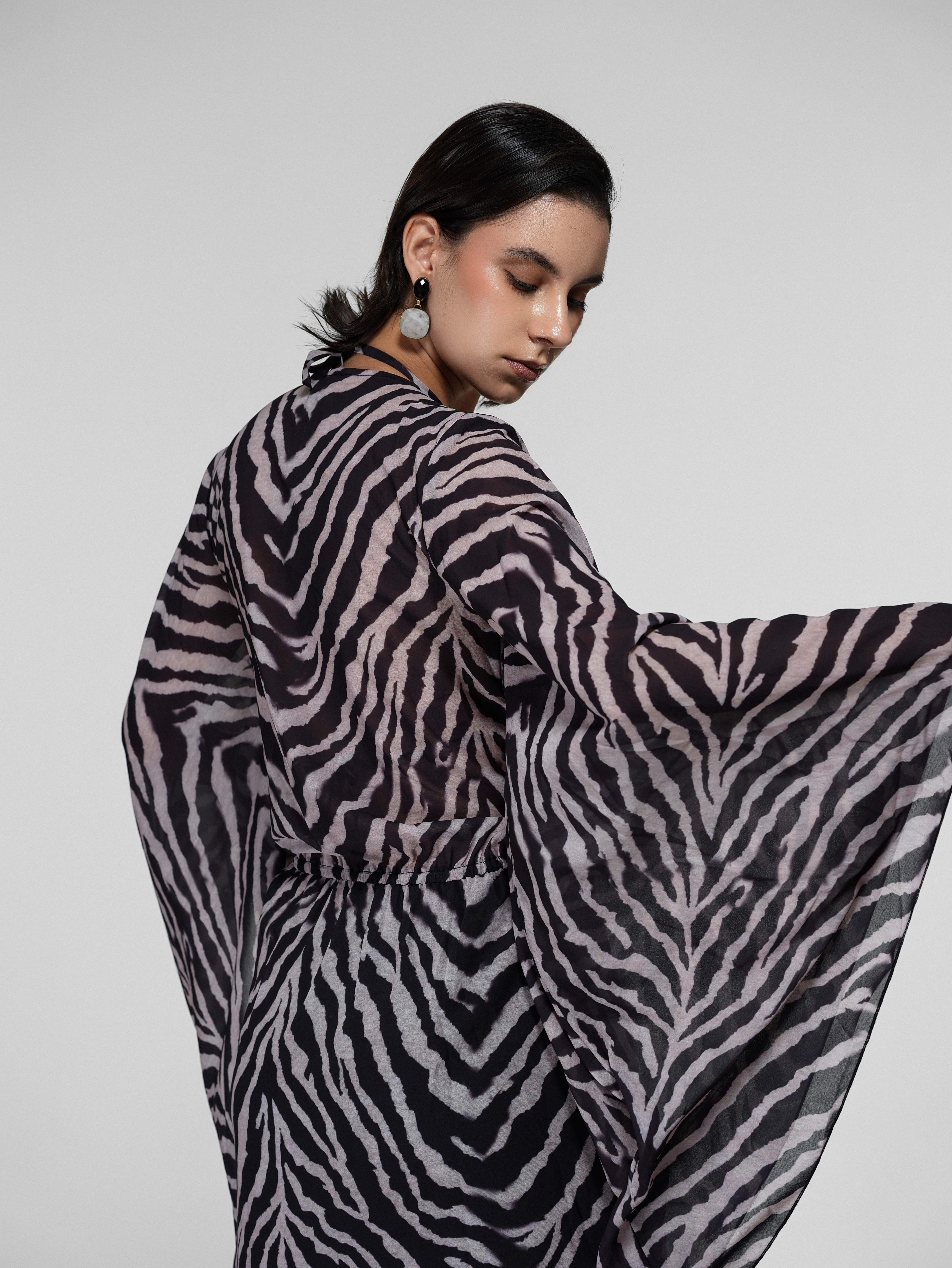 Zebra Print Sheer Cowl Wrap Dress with Bell Sleeves