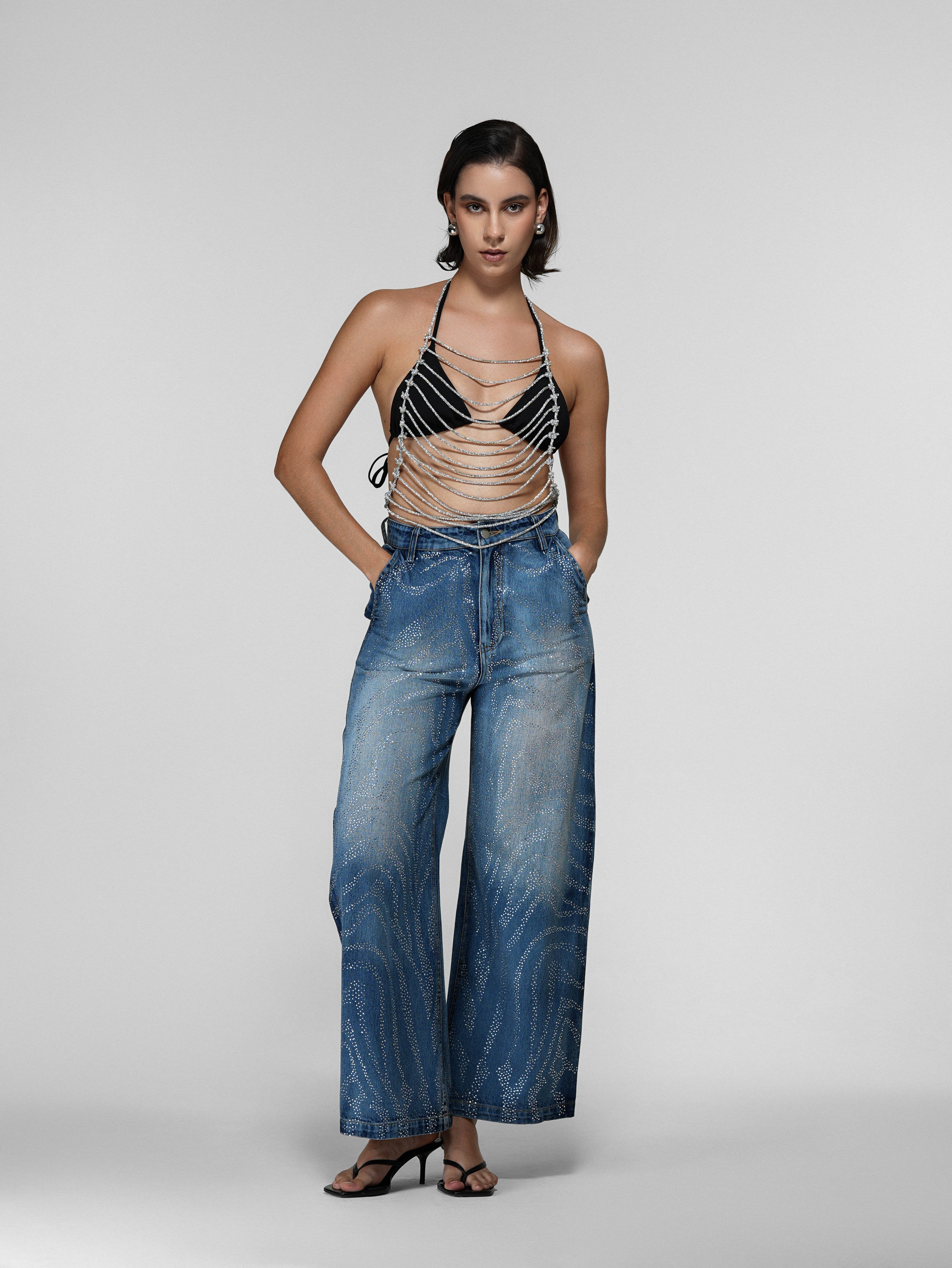 Zebra Rhinestone Wide-Leg Jeans