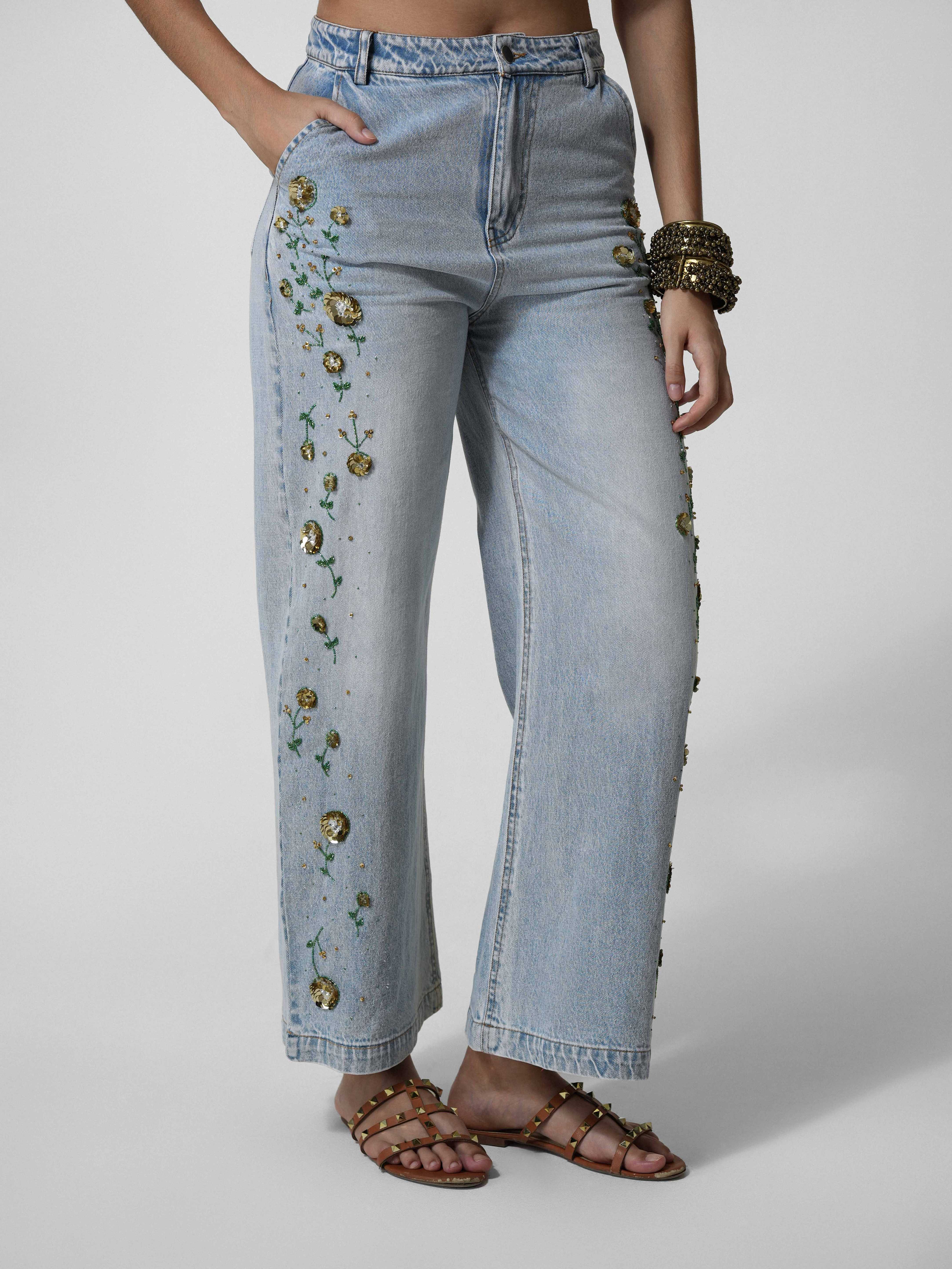 Floral Side-Embroidered Wide-Leg Jeans