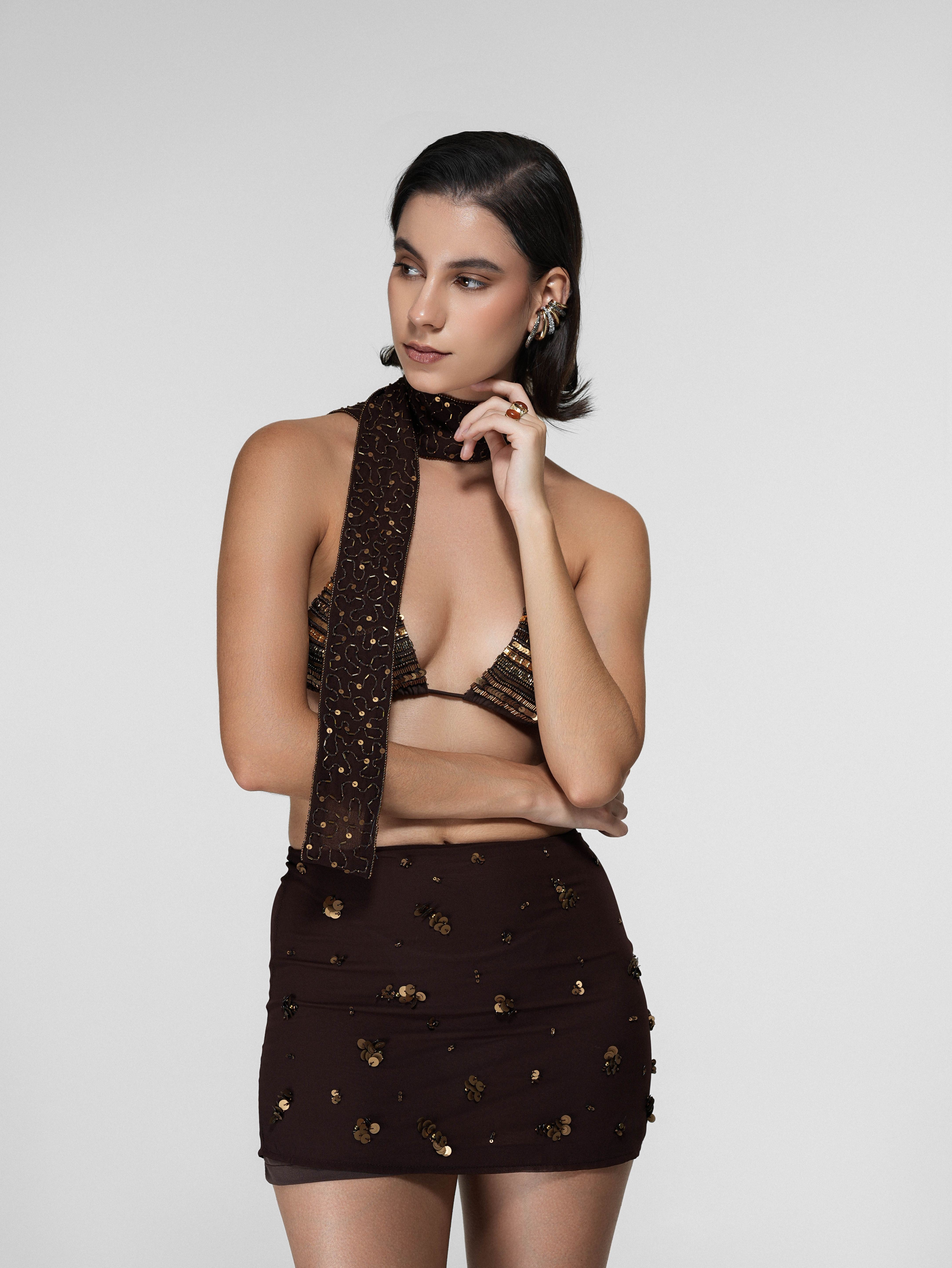 Brown Sequin Fitted Mini Skirt
