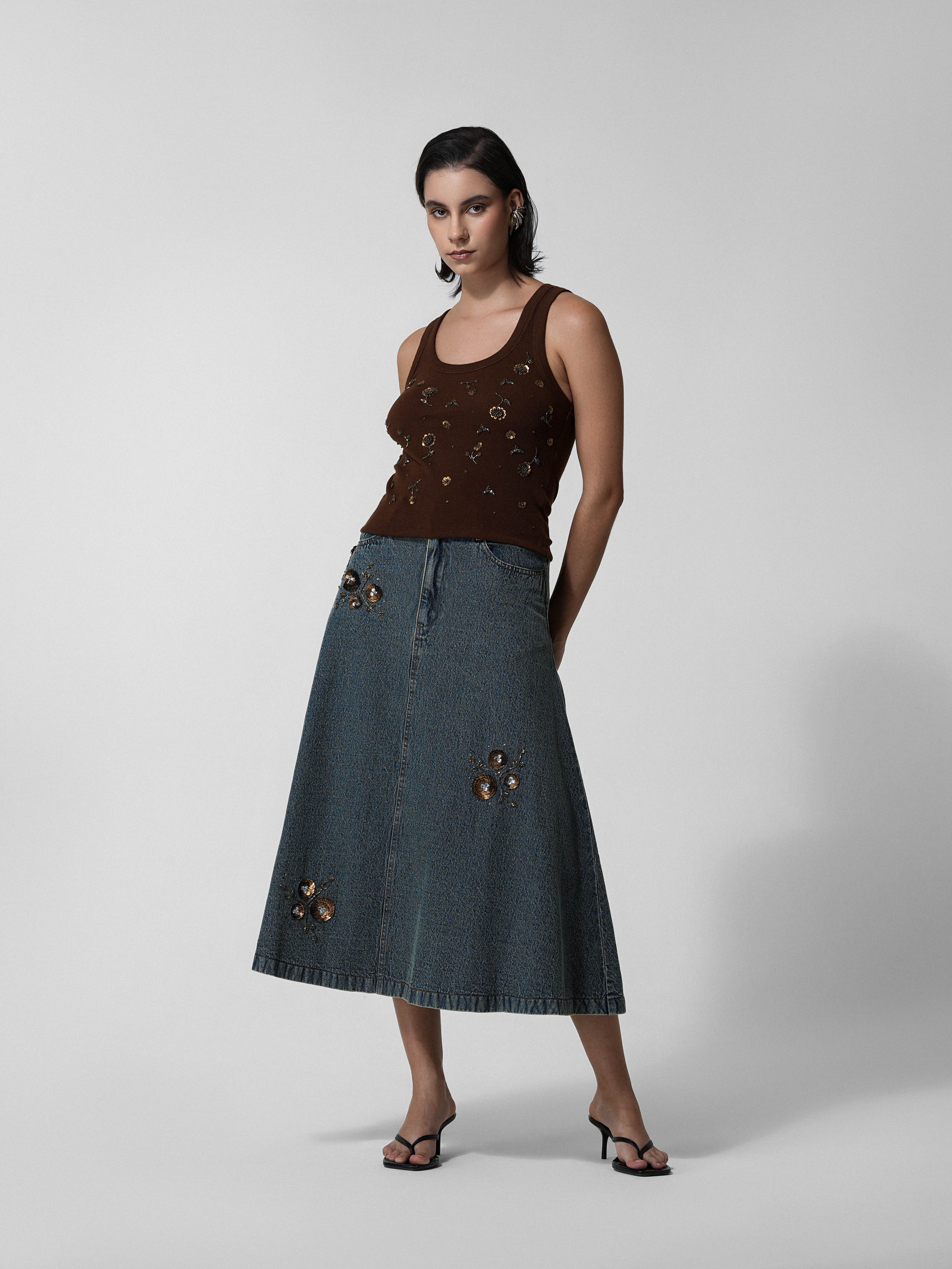 Beaded Vintage-Wash Denim Maxi Skirt