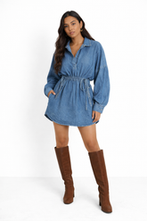 Drawstring Waist Denim Collared Mini Dress