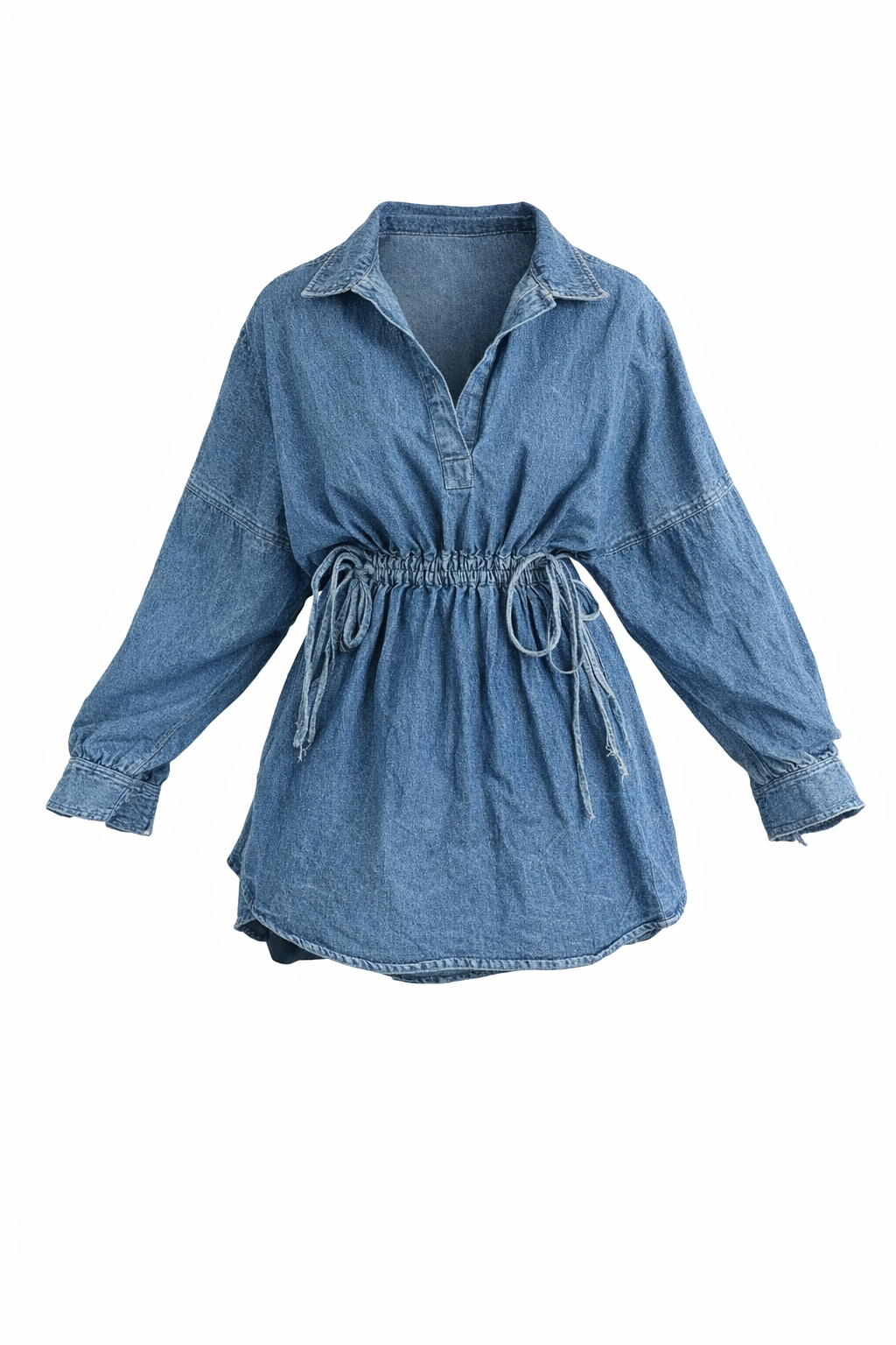 Drawstring Waist Denim Collared Mini Dress