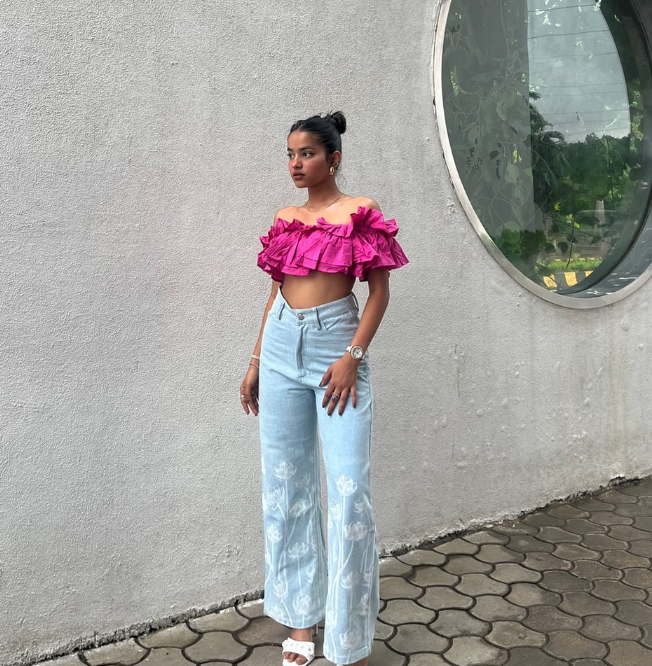 Lotus Print Wide Leg Denim