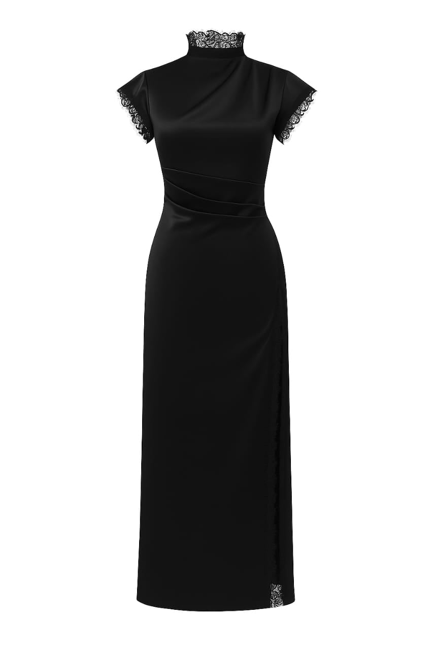 old fashioned high neck black dress Black Velvet Satin Vintage High Neck Long Sleeves High Low Prom Dresses , CP0477