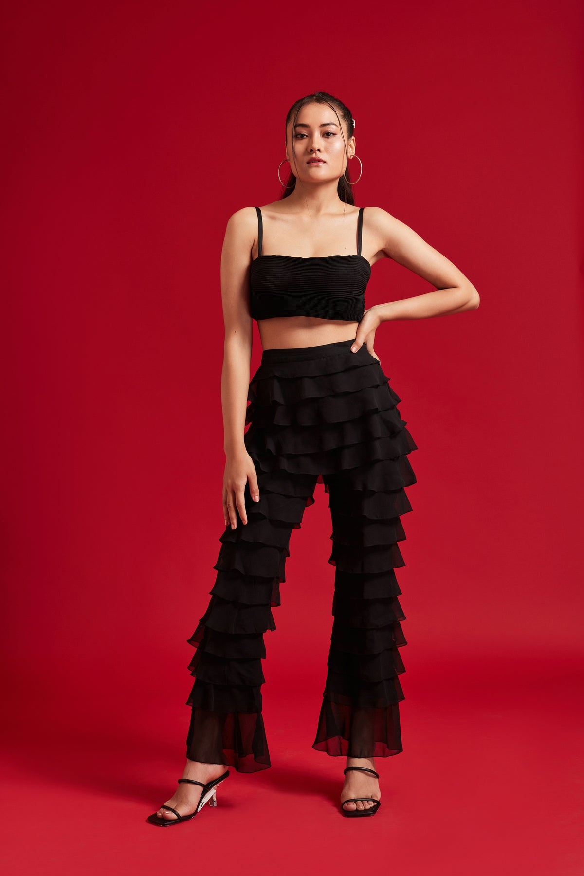 Pleated Top and Ruffles Pant Set