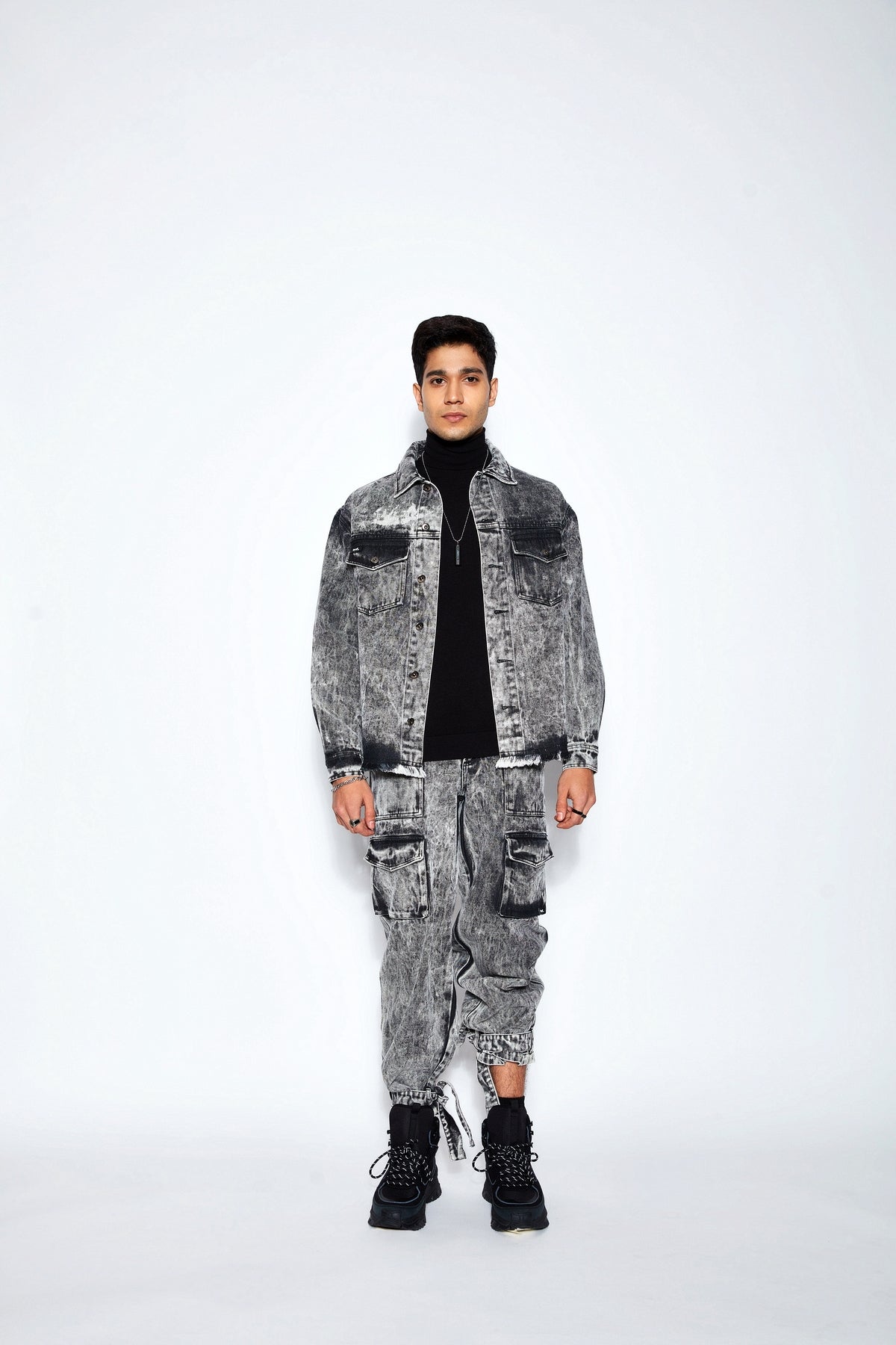 Ball Wash Denim Jacket- Black/White