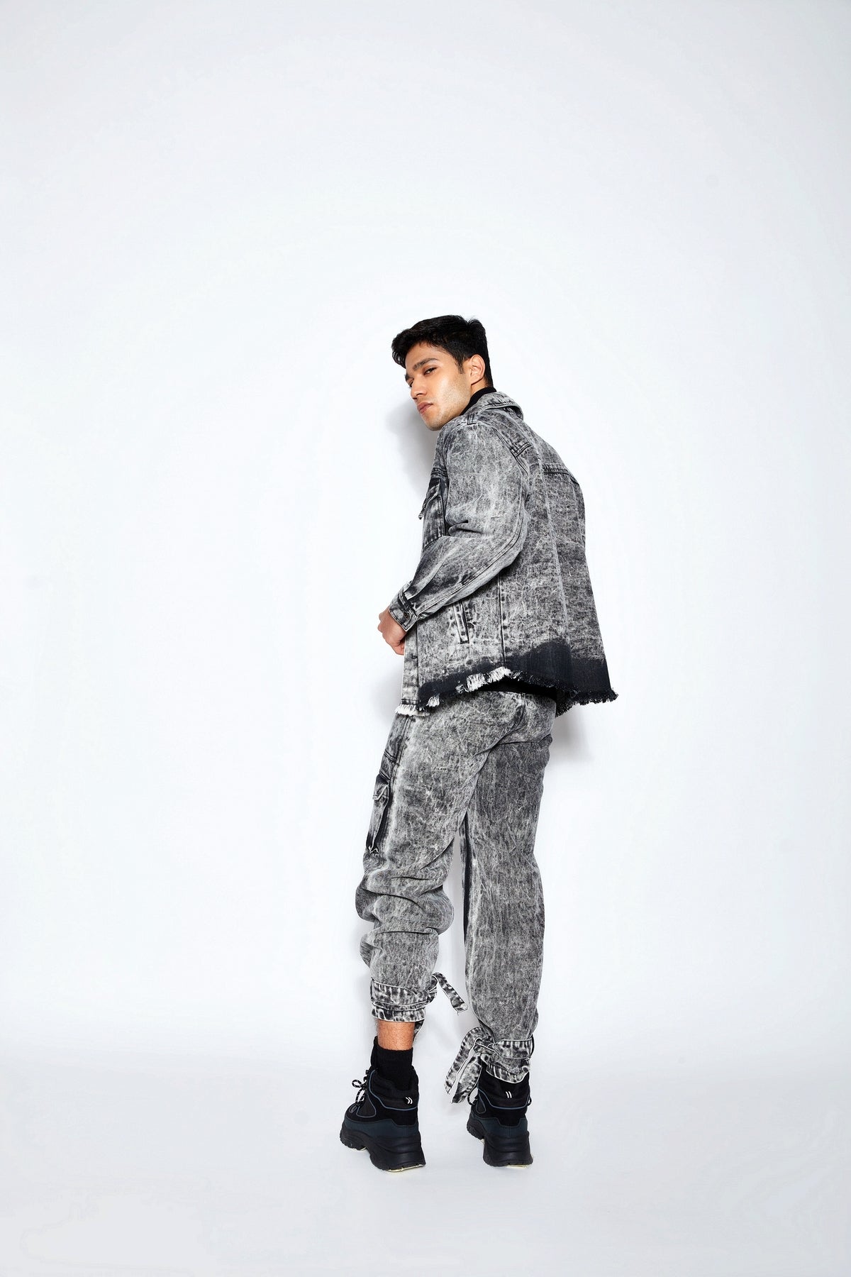Ball Wash Denim Jacket- Black/White
