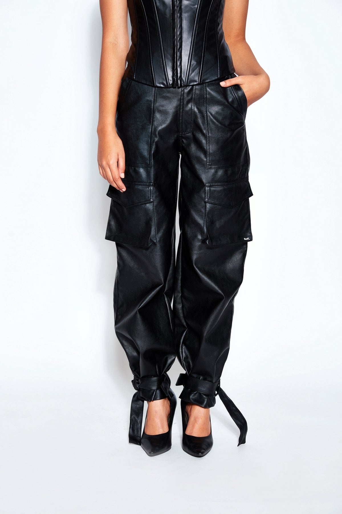 Faux Leather Corset Top and Cargo Pant Set