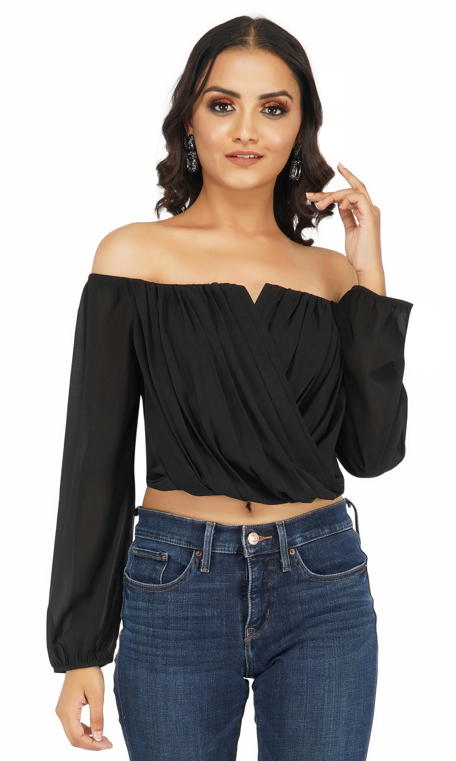 All Black Off Shoulder V-neck Top