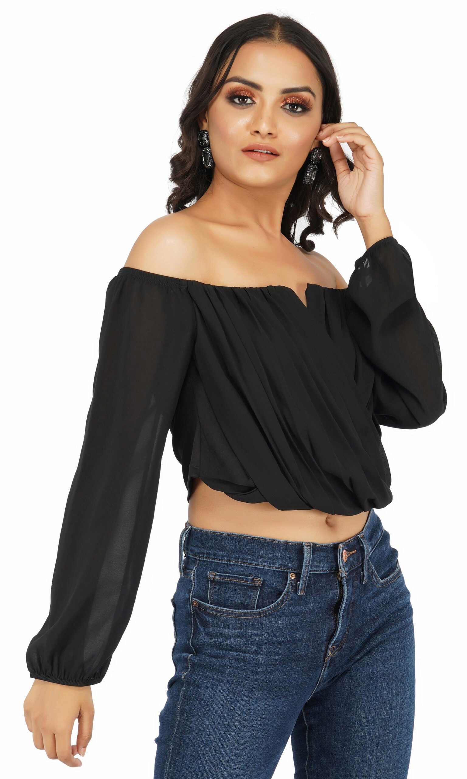 All Black Off Shoulder V-neck Top - Main Image