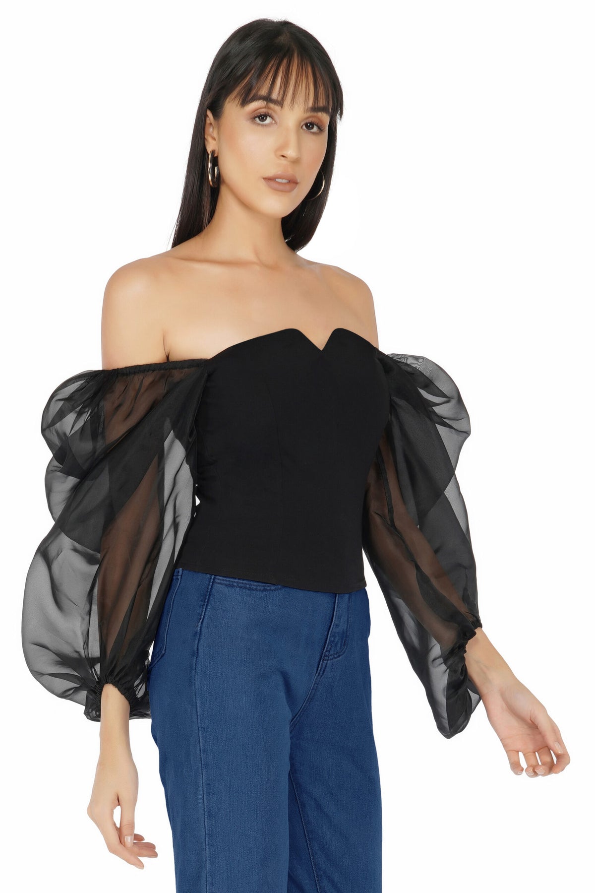 Corset Top with Black Organza Balloon Sleeves