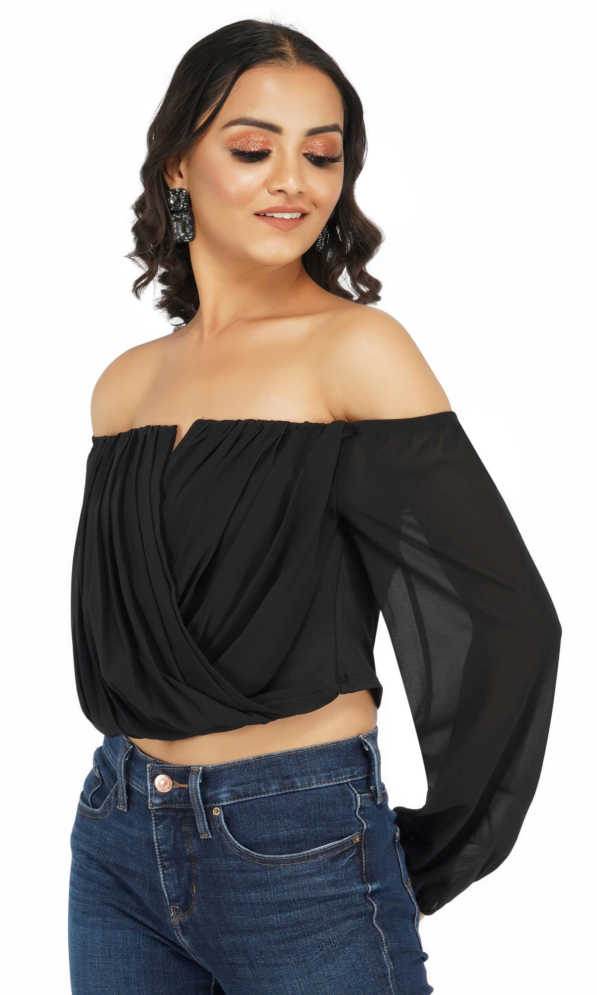All Black Off Shoulder V-neck Top