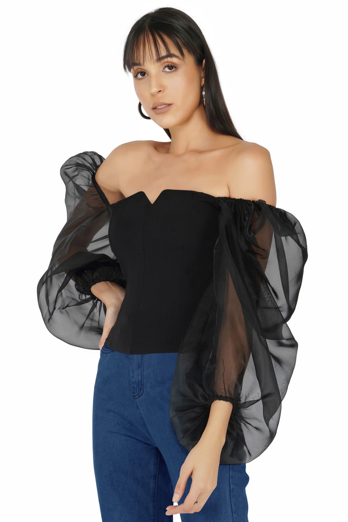 Corset Top with Black Organza Balloon Sleeves