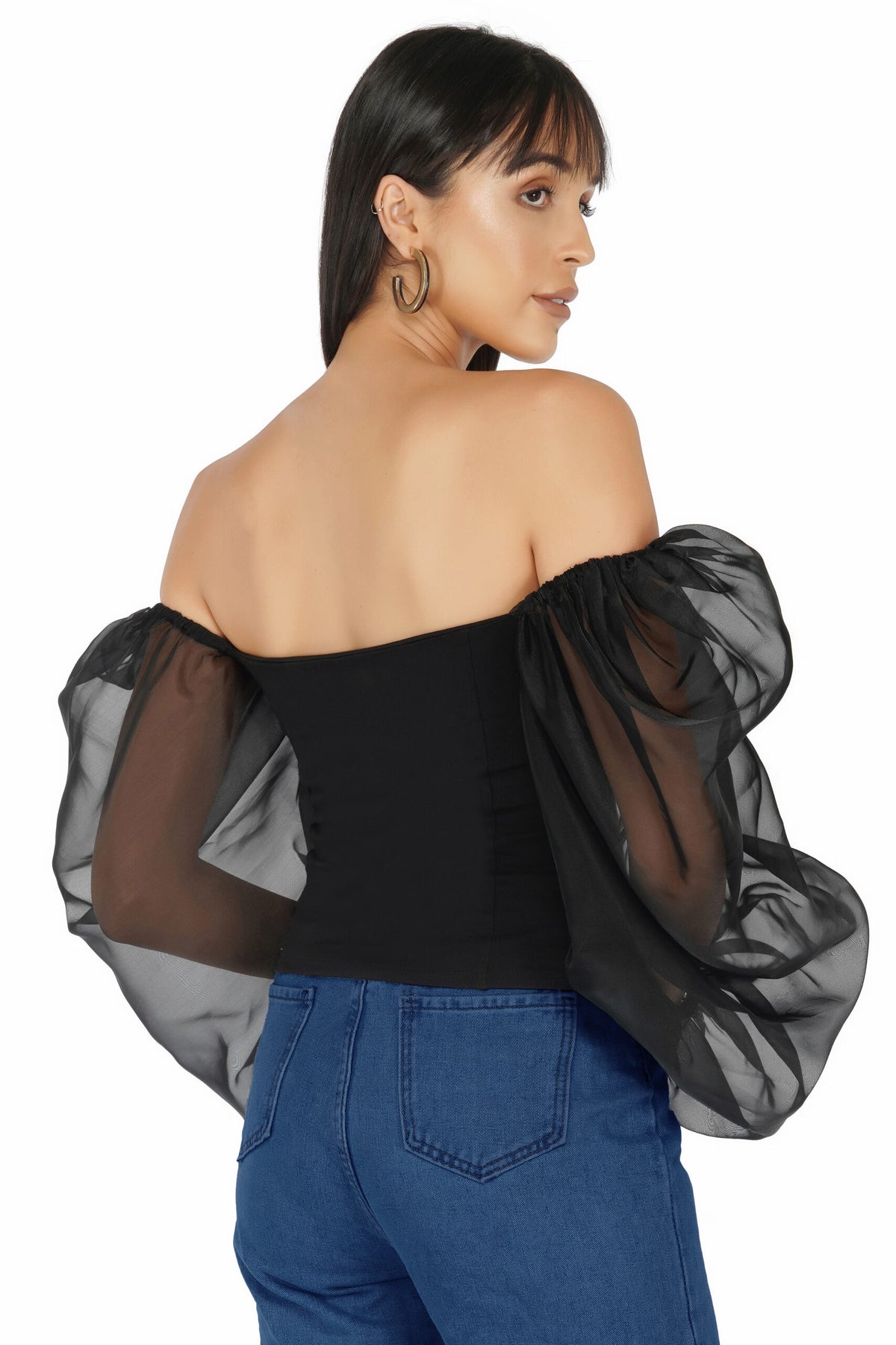 Corset Top with Black Organza Balloon Sleeves