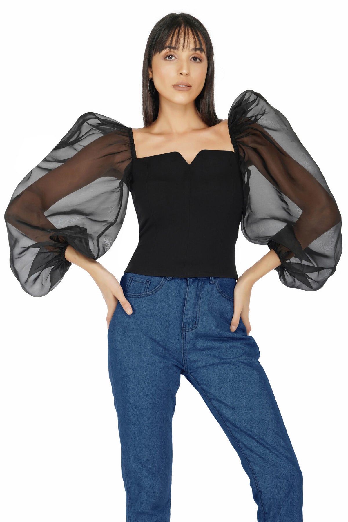 Corset Top with Black Organza Balloon Sleeves