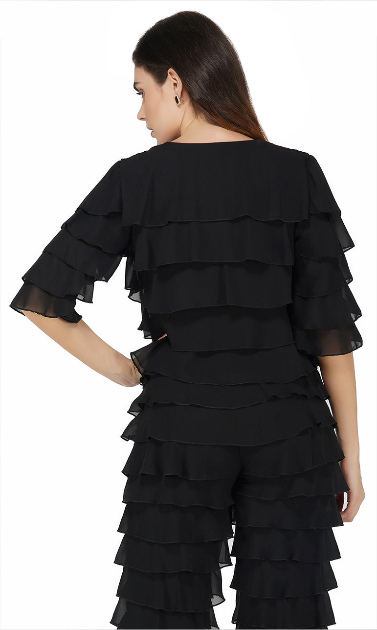 Black Ruffled V-neck Top