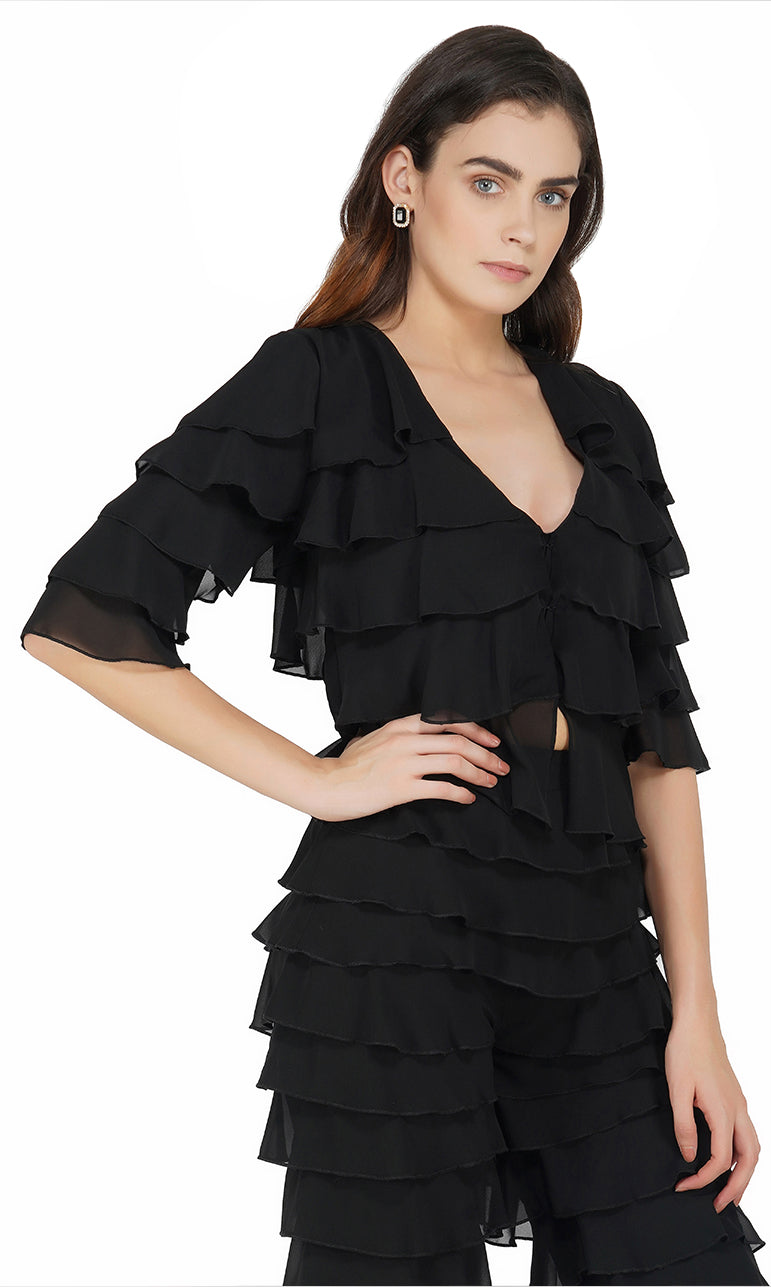 Black Ruffled V-neck Top