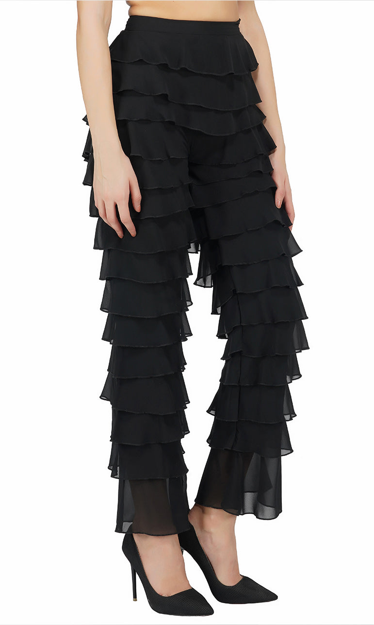 Black Ruffled Straight Legged Pants