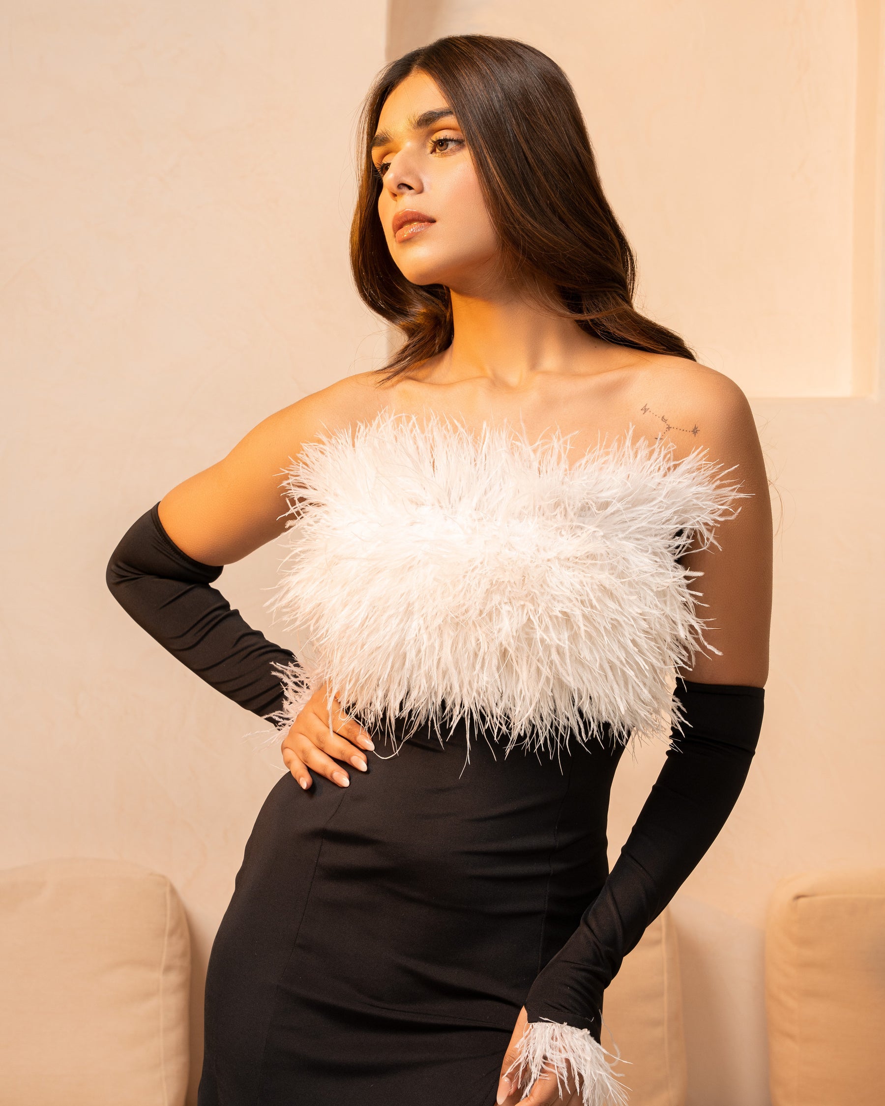 Black Ostrich Feather Bodycon Dress With Front Slit