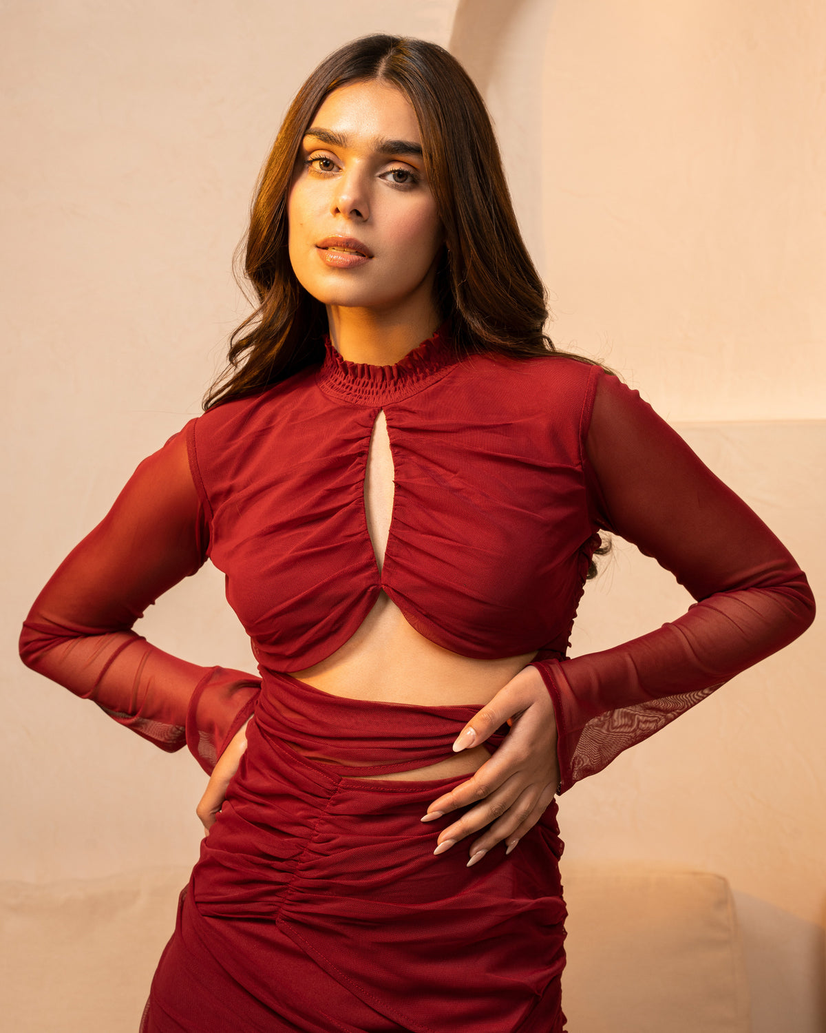 Red Gathered Draped Dress with Cutout Detail