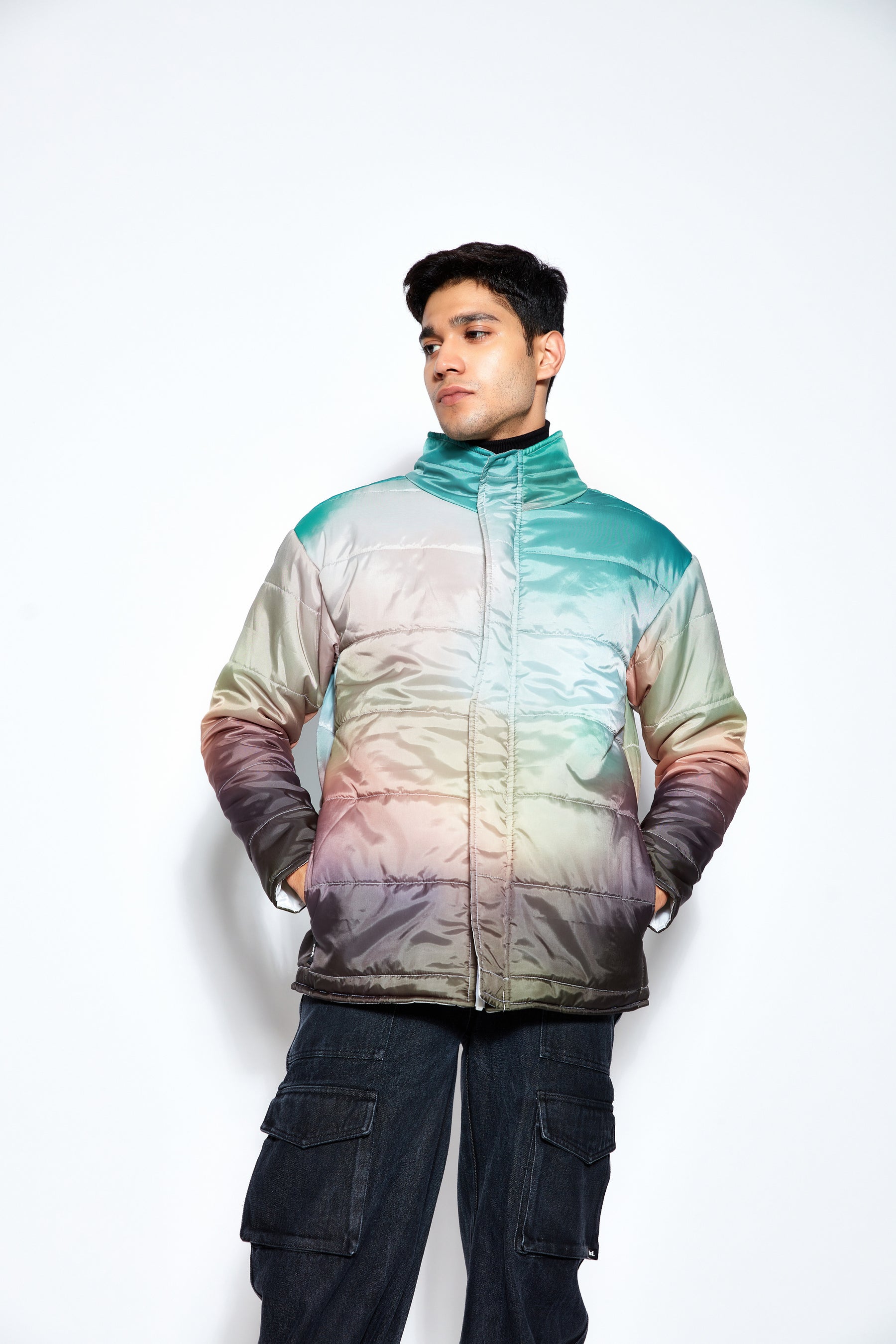 Unisex Puffer Jacket with Green Abstract Print