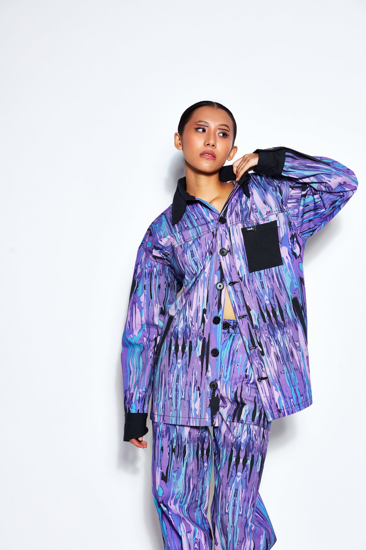 Abstract Print Unisex Twill Shacket- Purple
