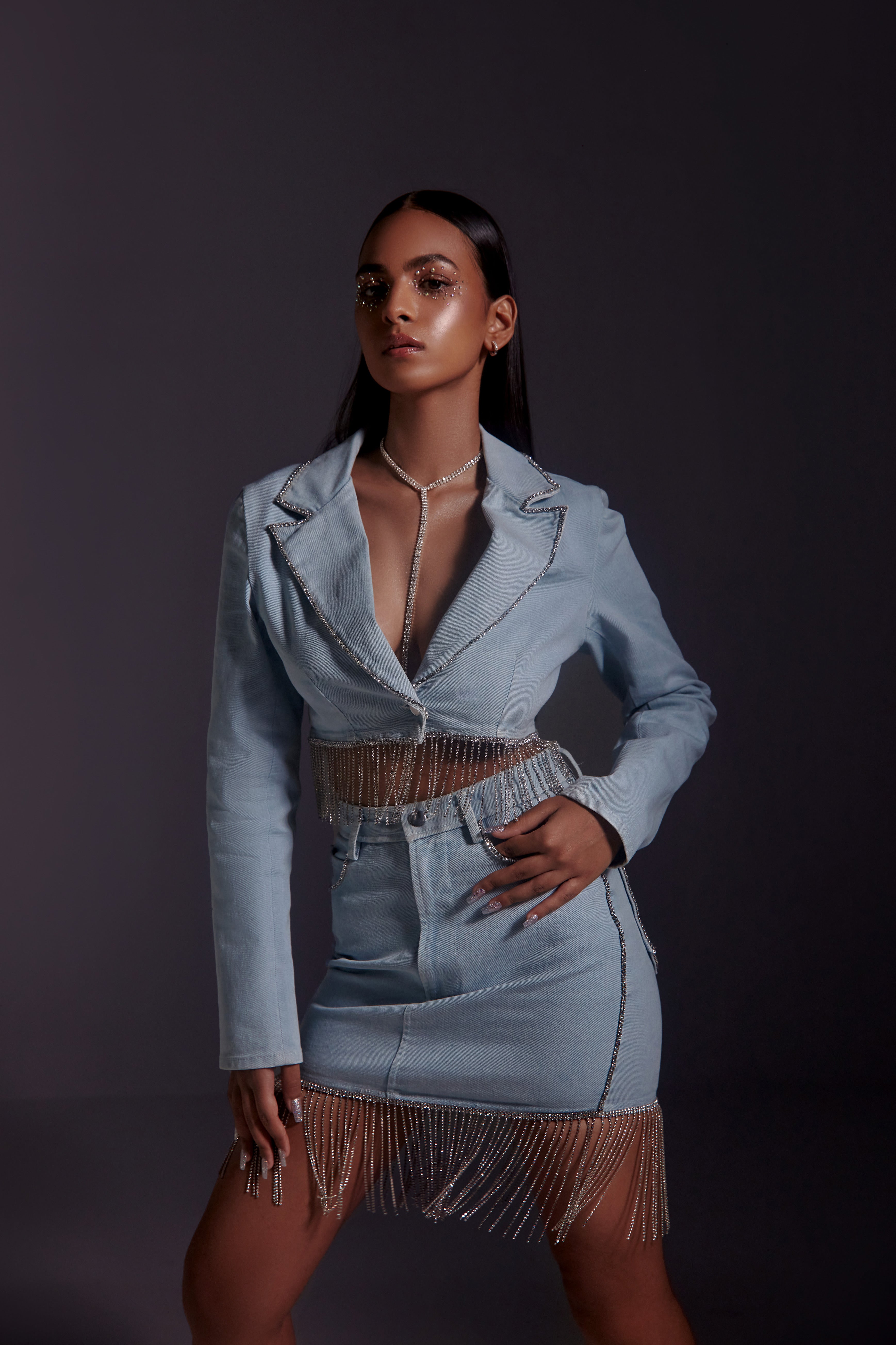 Rhinestone Embellished Cropped Denim Blazer