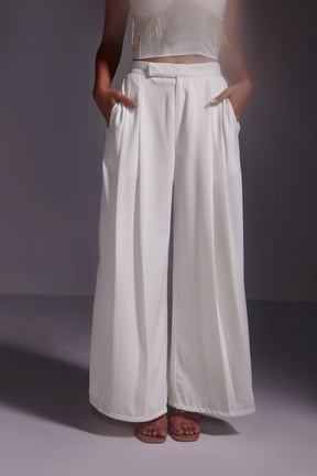 Flared Pleated Pants-White