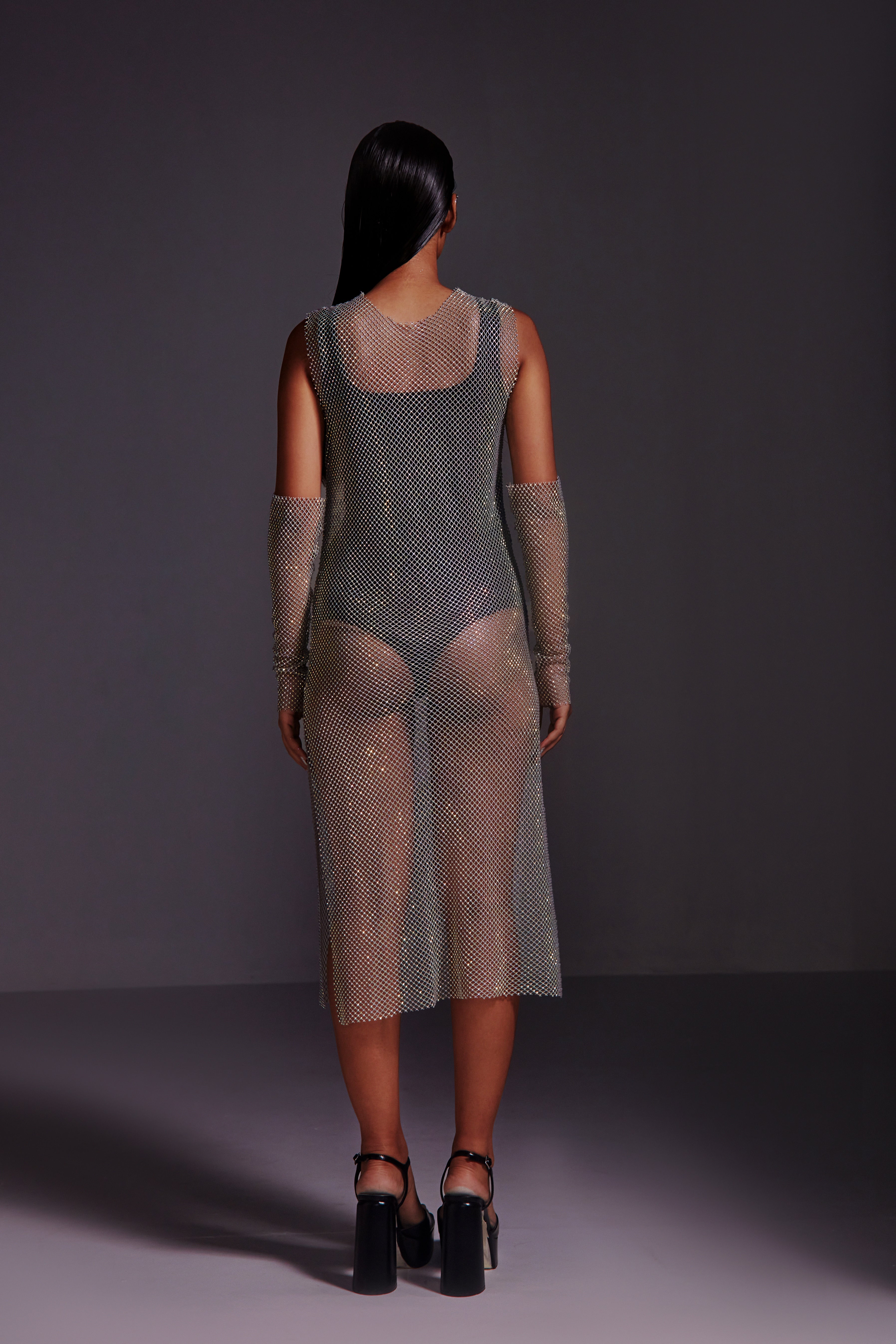 Diamond Mesh Midi Dress- Grey