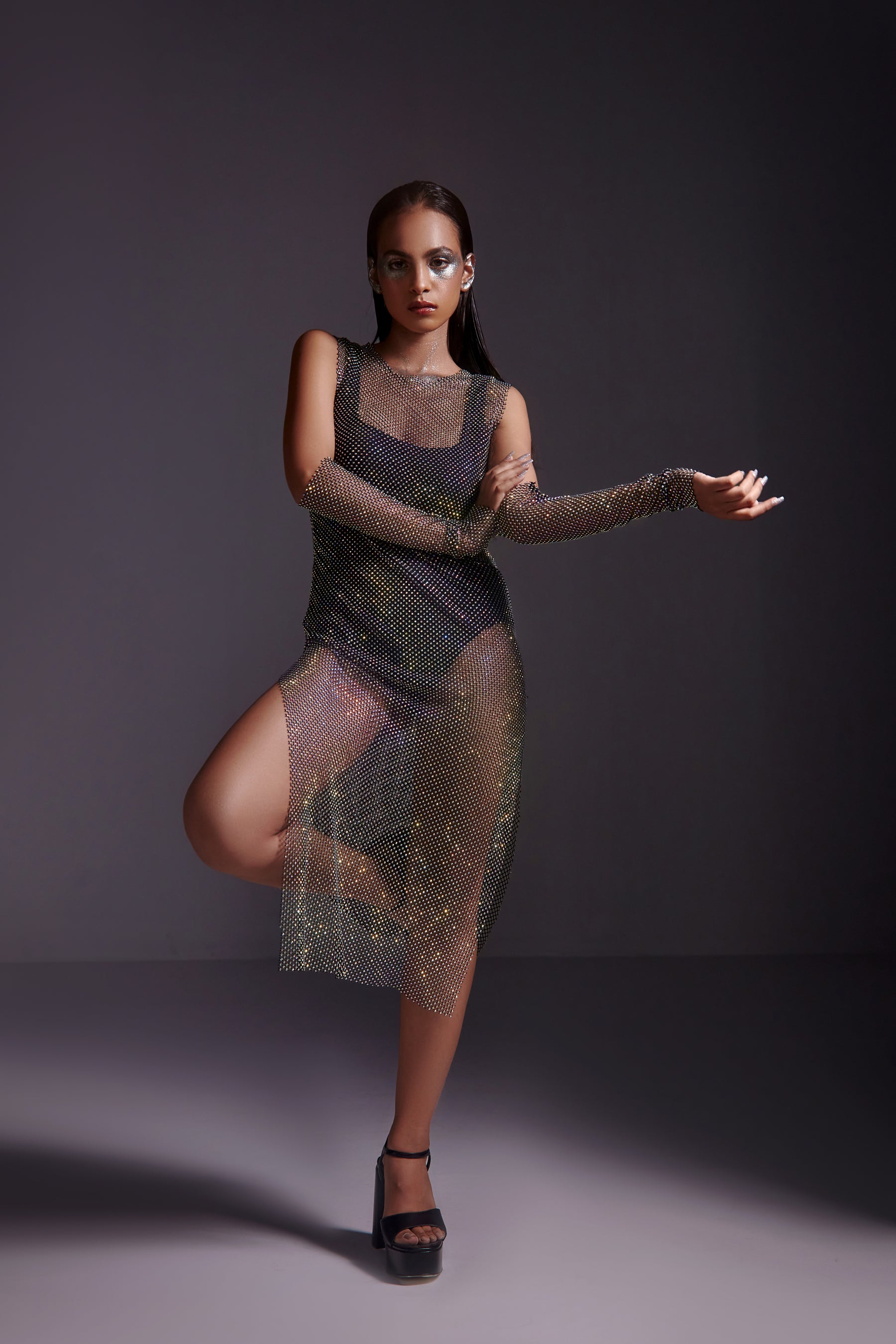 Diamond Mesh Midi Dress- Black - Main Image