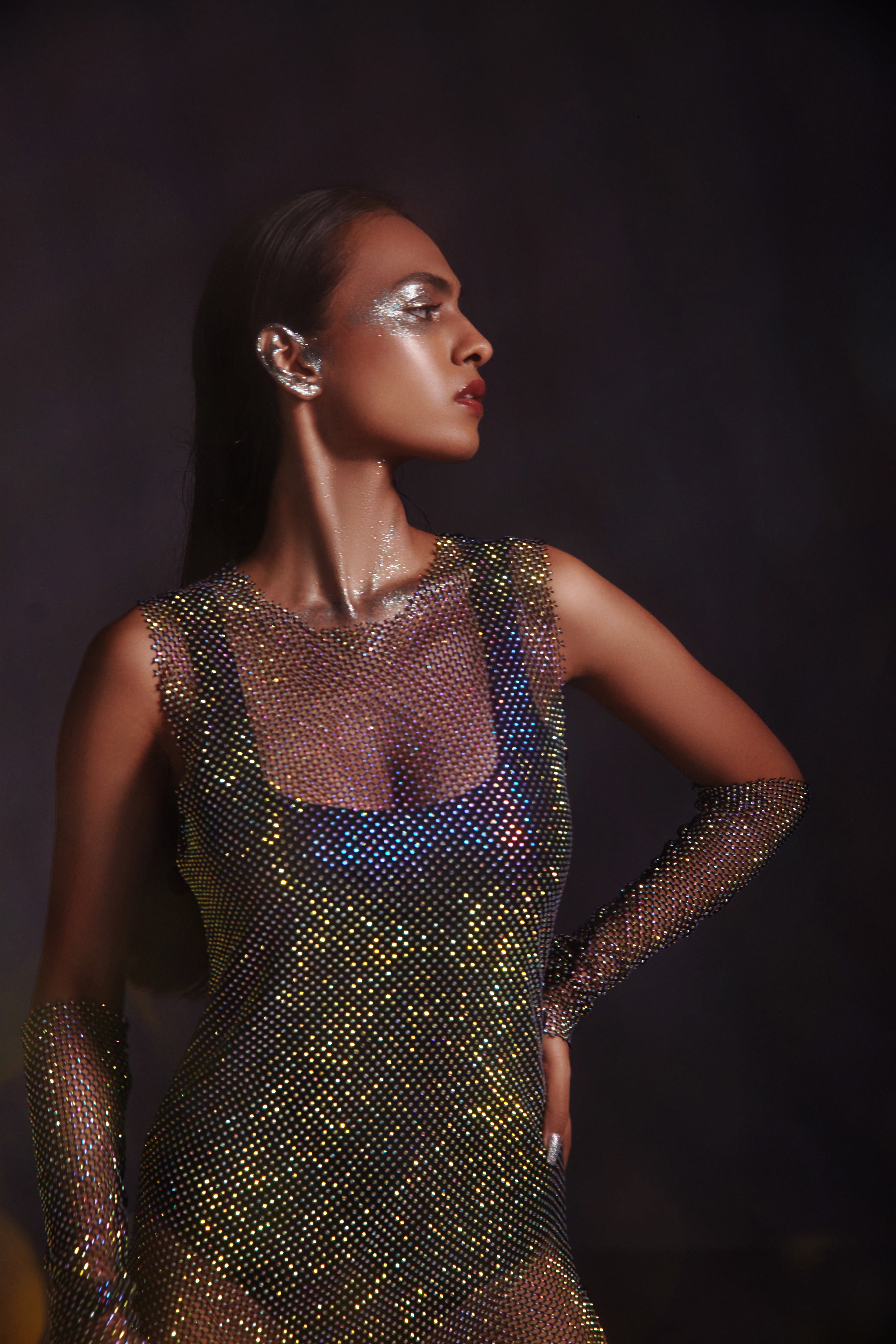 Diamond Mesh Midi Dress- Black