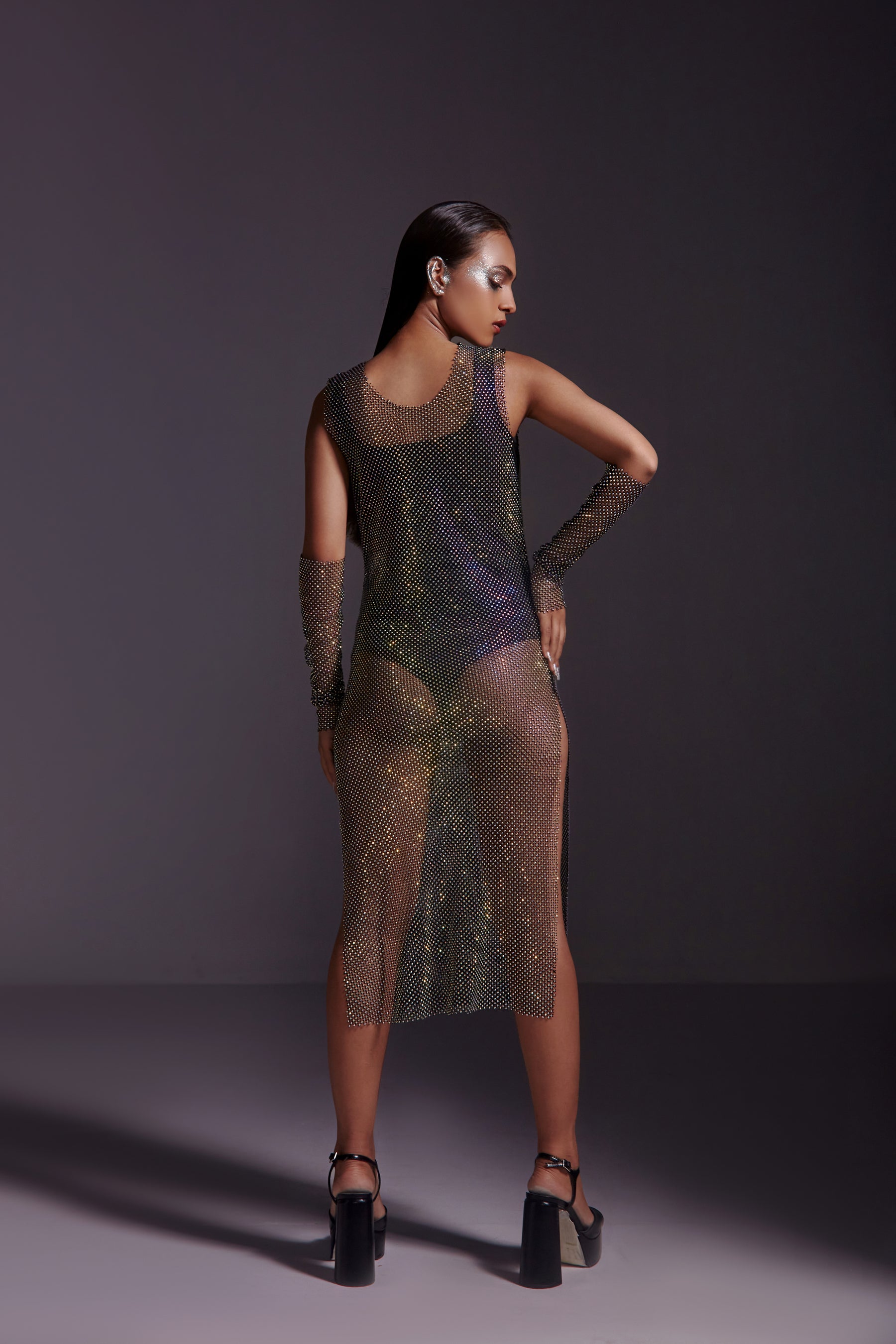 Diamond Mesh Midi Dress- Black