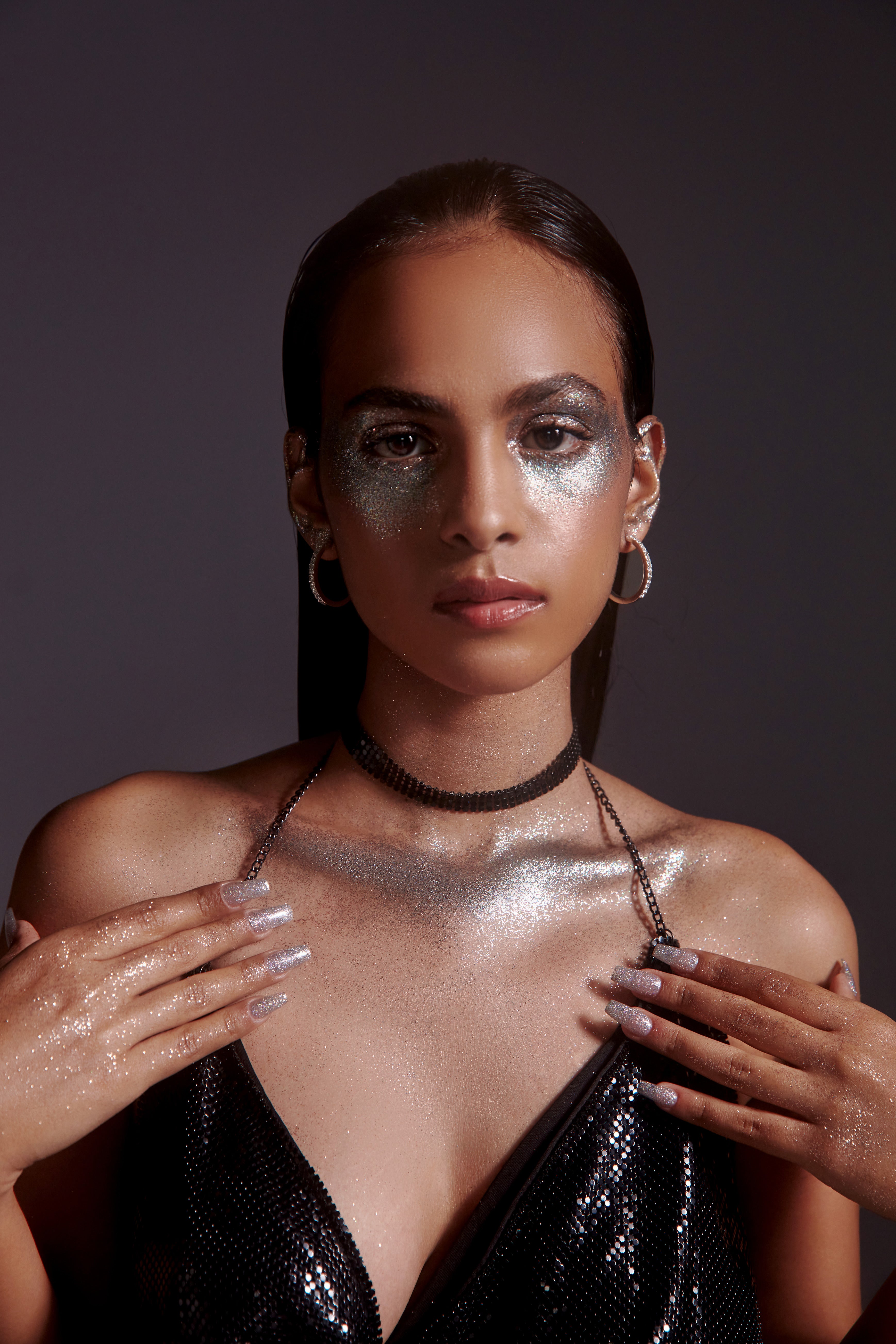 Metallic Chainmail Cowl Neck Dress Black