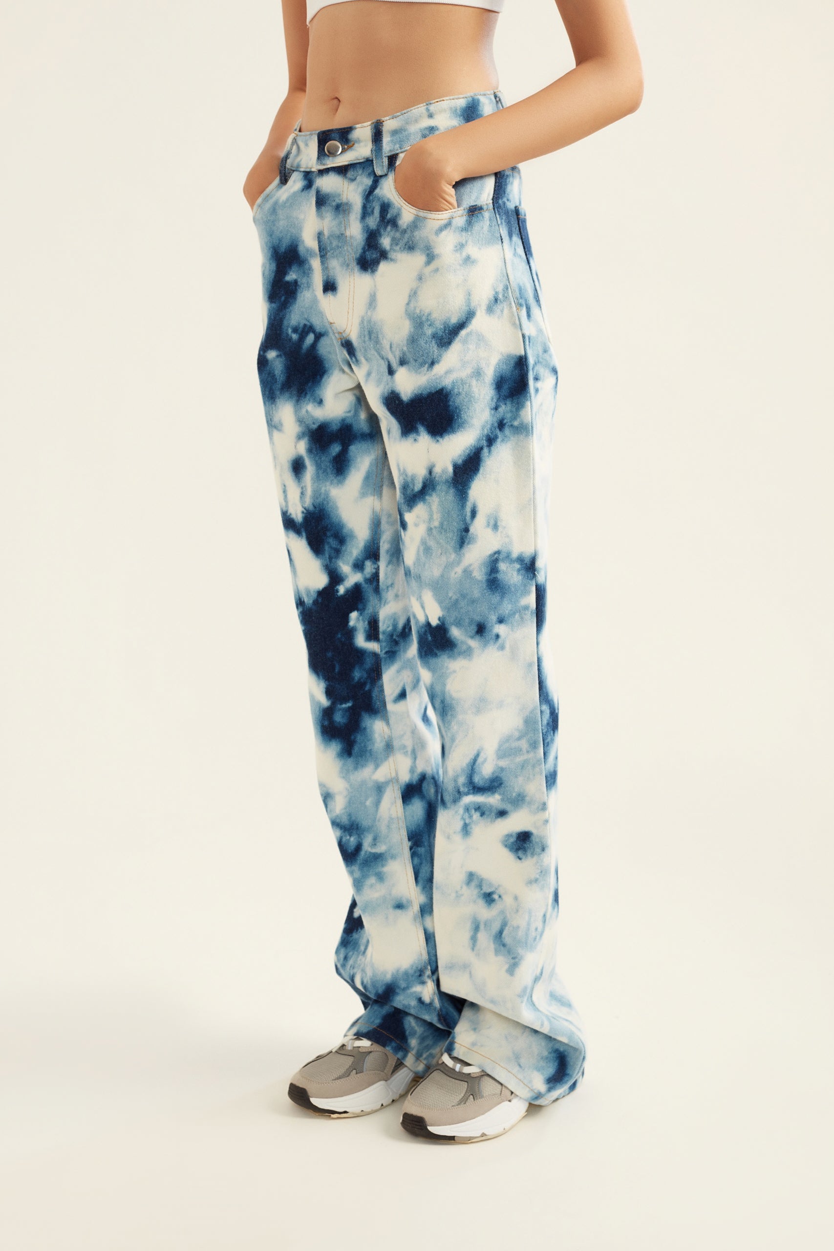 Blue and White Tie-Dye Effect Flared Denim Jeans for Women
