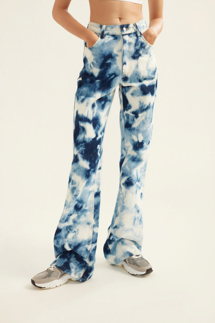 Blue and White Tie-Dye Effect Flared Denim Jeans for Women