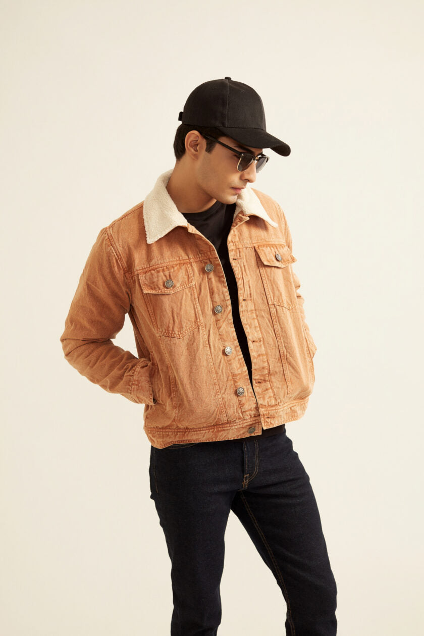 Unisex Brown Acid Washed Twill Jacket with Faux Fur