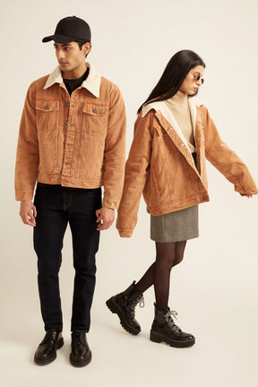 Unisex Brown Acid Washed Twill Jacket with Faux Fur